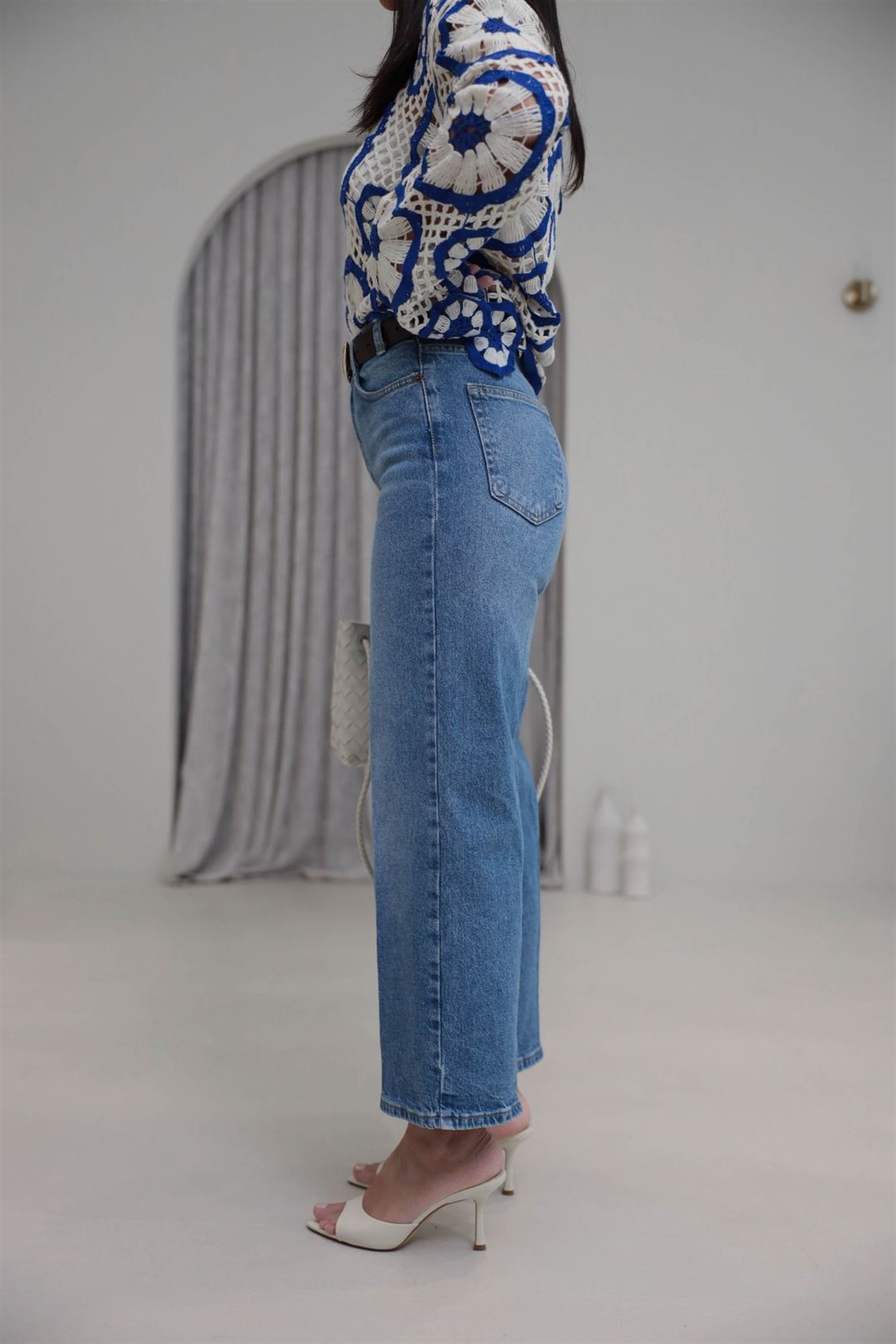 Kemerli Yüksek Bel Culotte Jean MAVİ