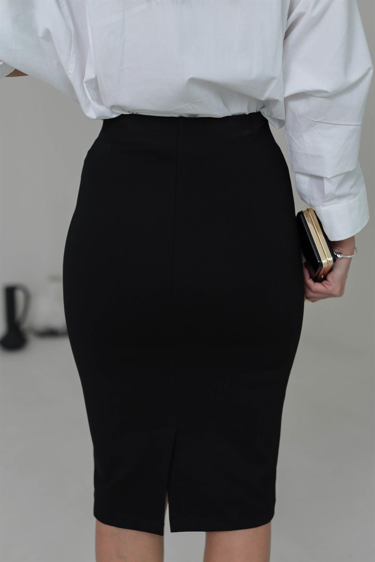 3130 Önü Düğme Detaylı Etek SİYAH