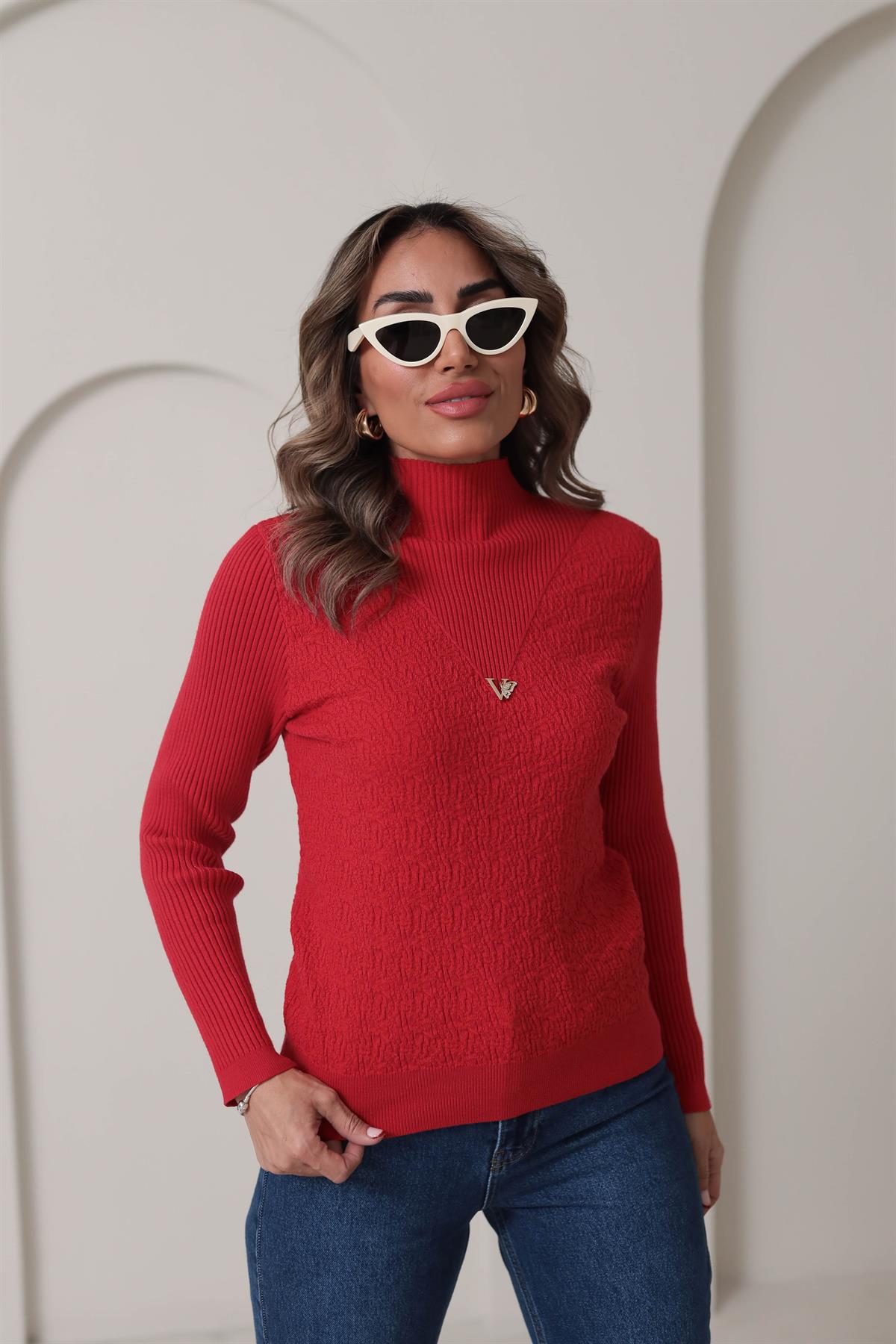 0248 Korspan Dik Yaka V Armalı Yumuşak Triko KIRMIZI