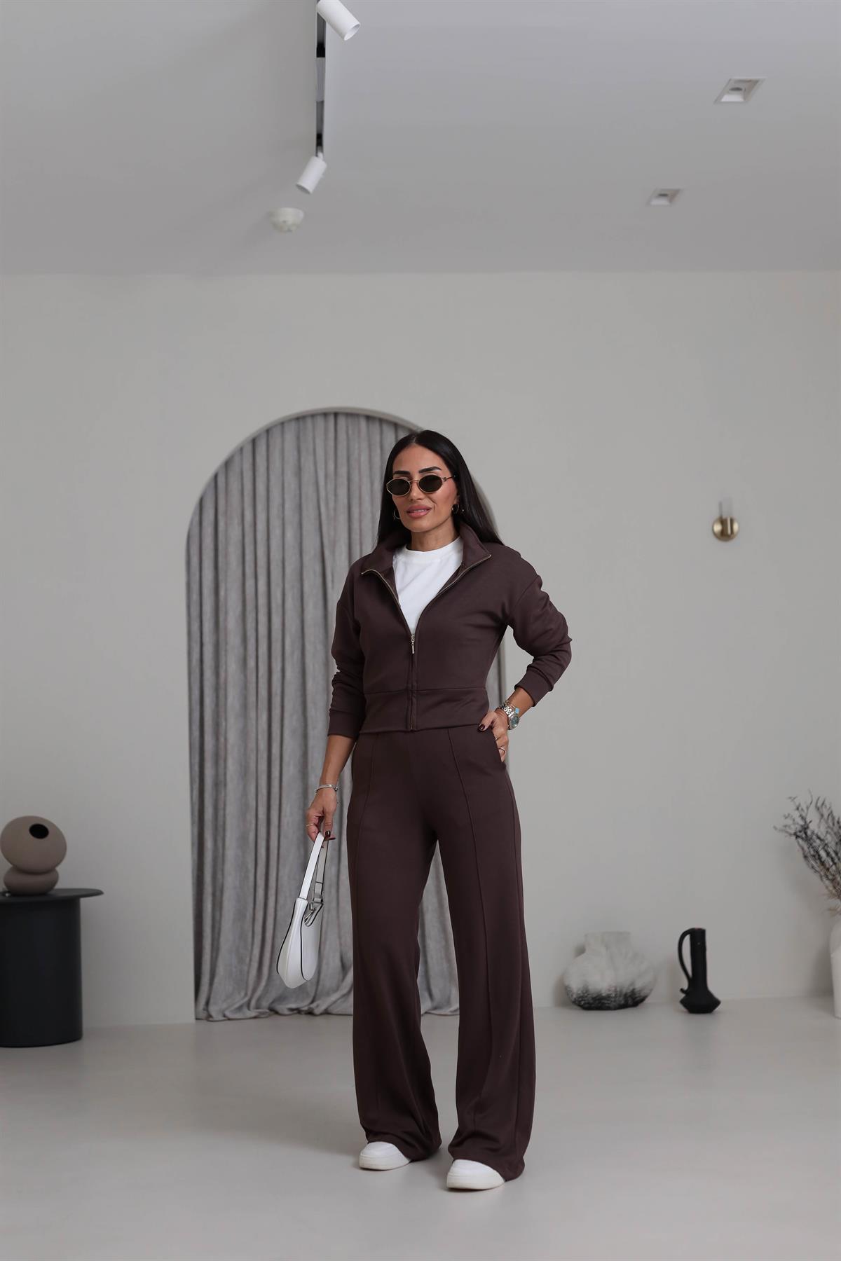 4044 Gold Fermuarlı Modal Kumaş Takım KAHVE