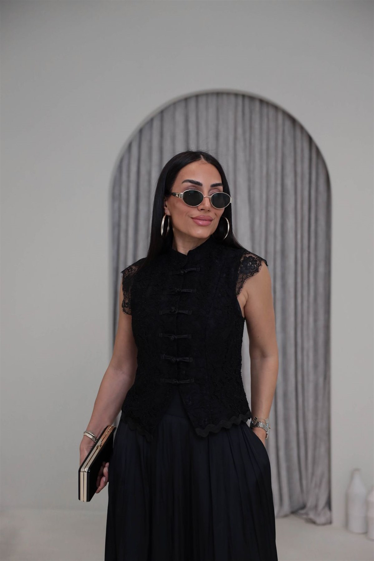 7139 Güpür Detaylı Hakim Yaka Yelek SİYAH