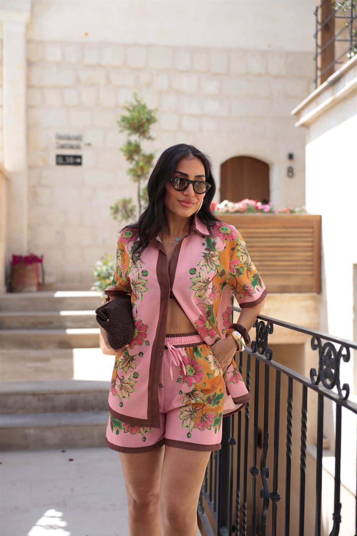8041 Retro Flora Kahve Şeritli Keten Takım PEMBE
