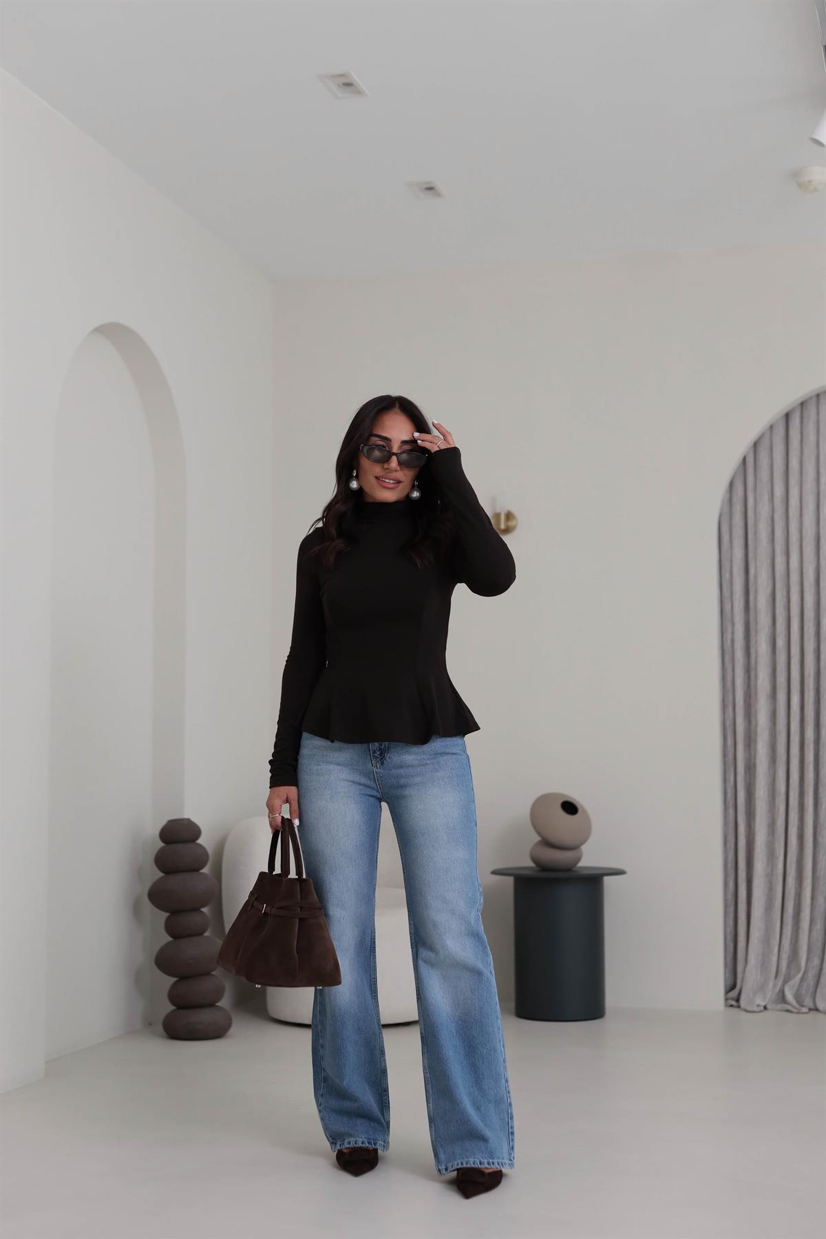 2038 Uzun Kollu Peplum Bluz ACI KAHVE