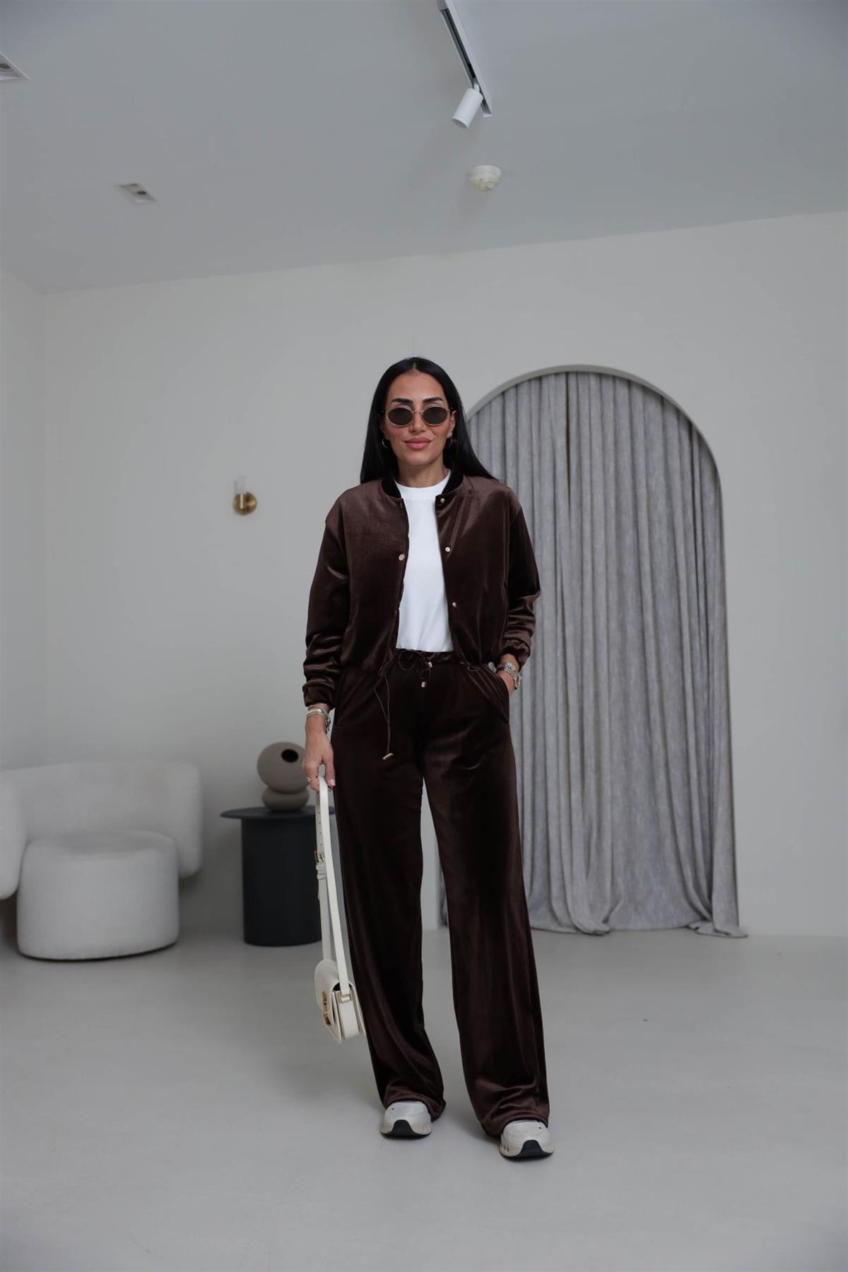 0109 Kadife Belden Büzgülü Çıtçıtlı Takım KAHVE