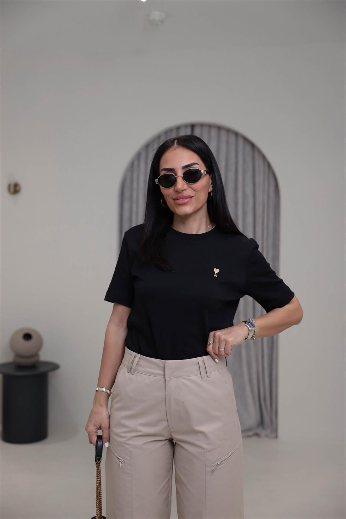 Gold Metal Kalpli Bisiklet Yaka Pamuklu Tshirt SİYAH