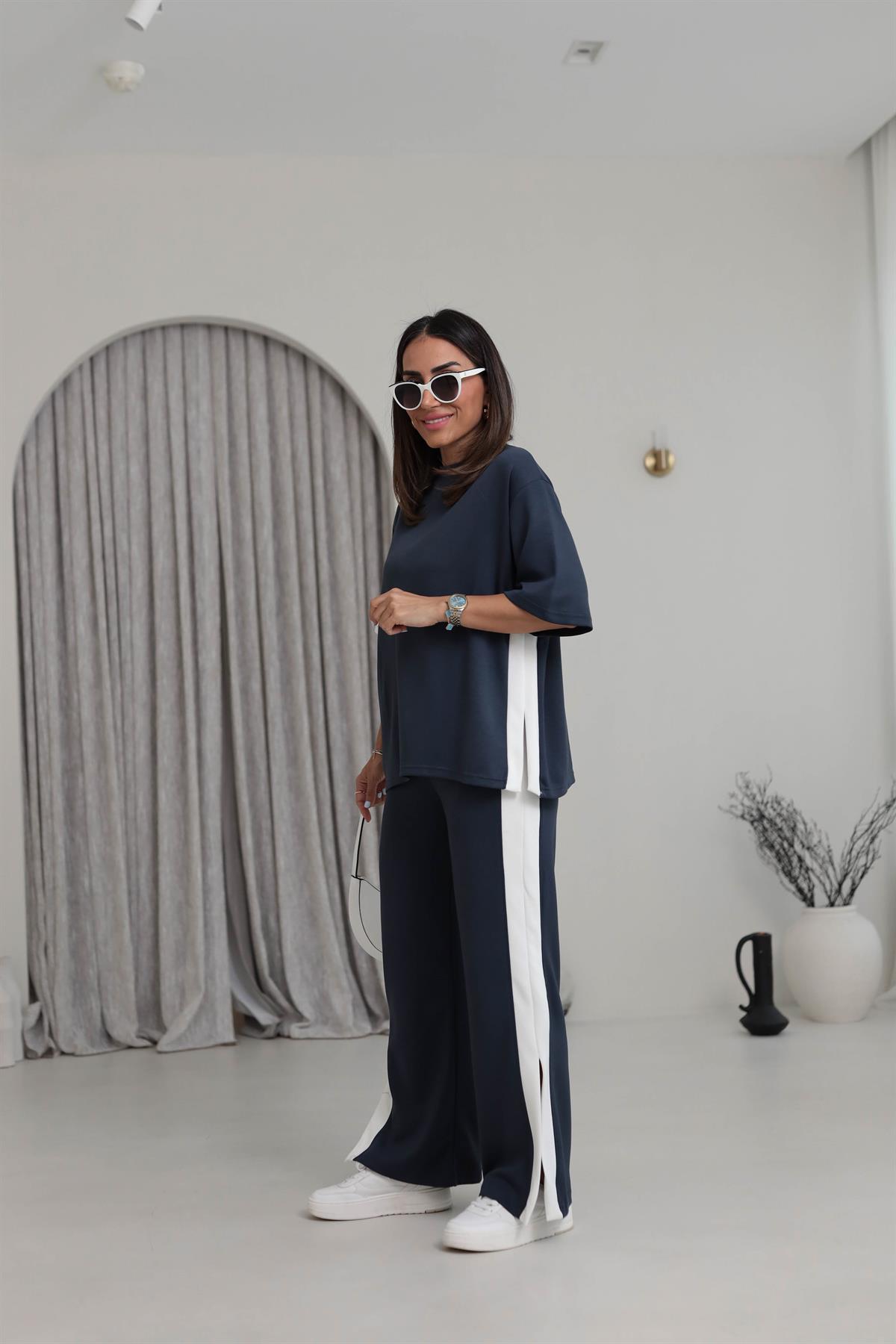 3417 Kontrastlı Paça Yırtmaçlı Rahat Modal Takım ANTRASİT