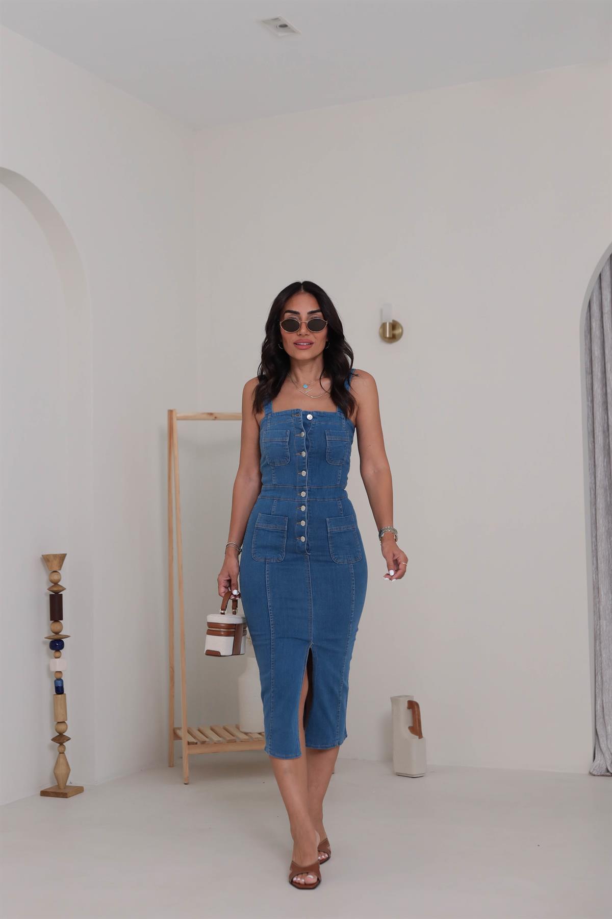 7237 Ön Yırtmaç Detaylı Kalın Askılı Jean Elbise MAVİ
