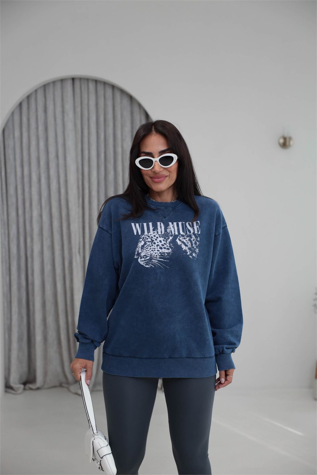 9106 Kaplan Baskılı Ribanalı İki İplik Sweatshirt LACİVERT