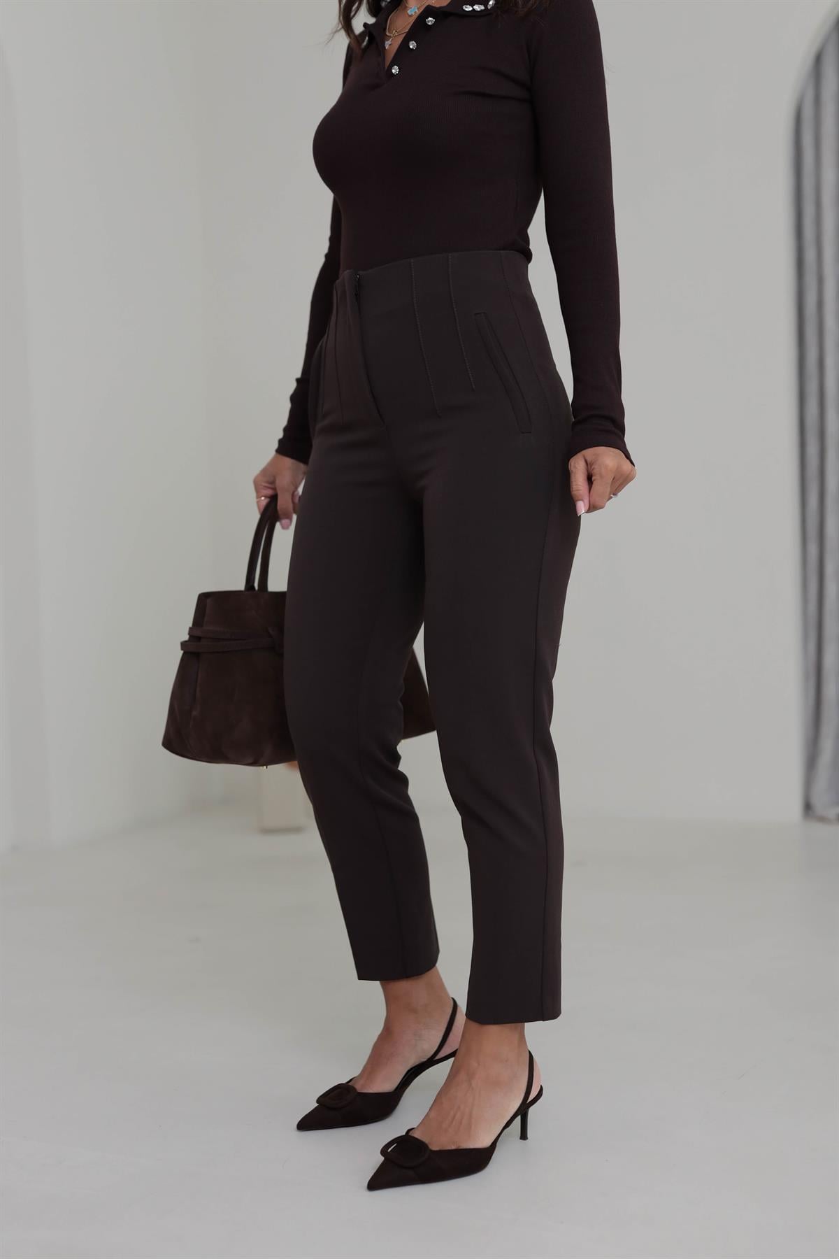 U5113-K Önü Flotalı Kumaş Pantolon KAHVE