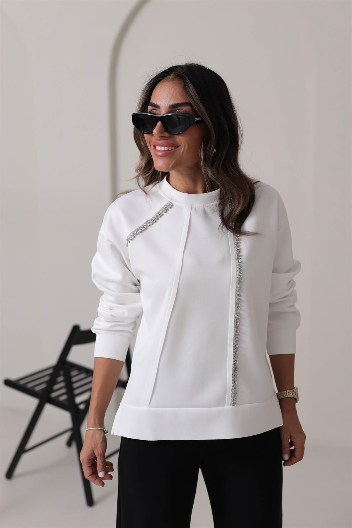 5368 Taş İşlemeli Scuba Kumaş Sweatshirt