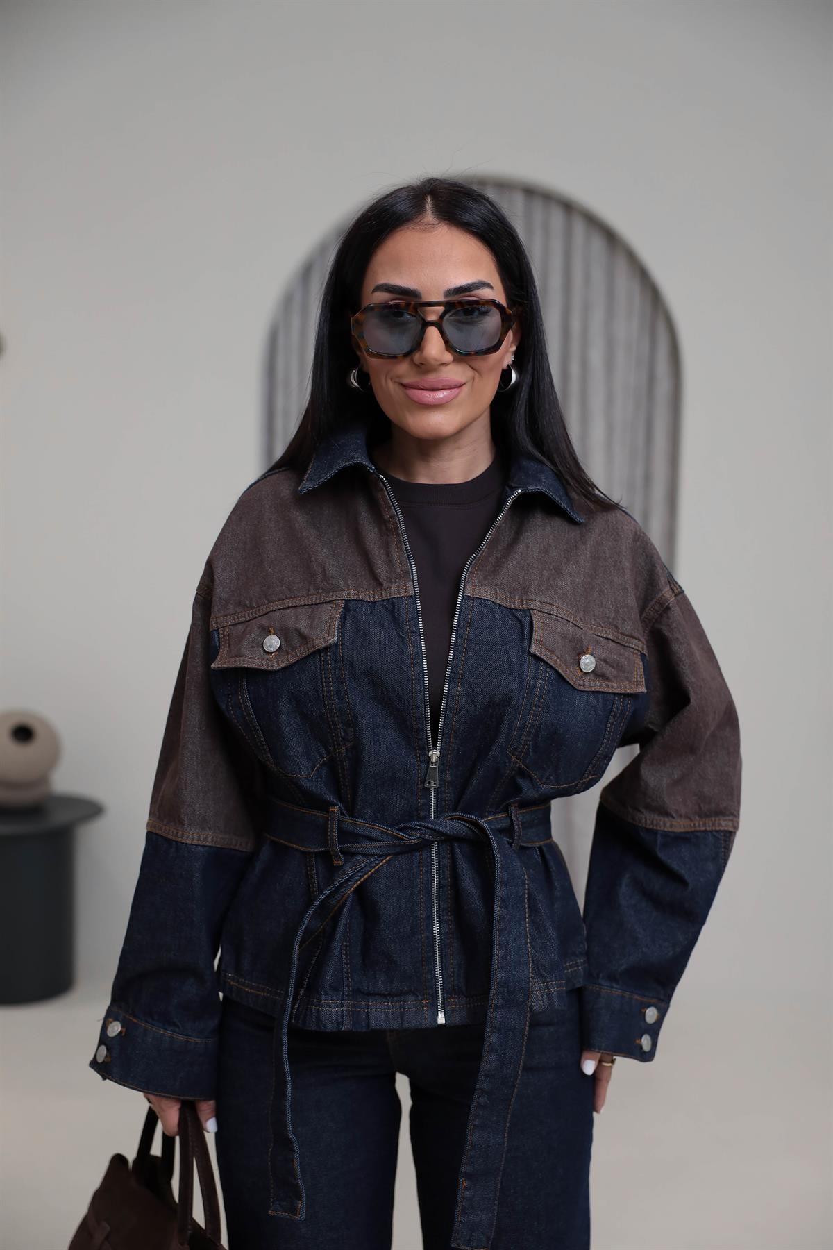 0836 Çift Renkli Tasarım Denim Takım LACİ-KAHVE