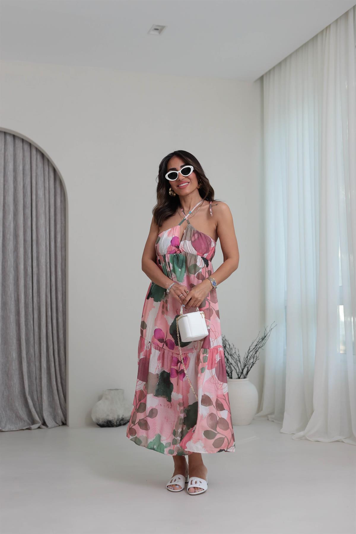 3771 Boyundan Bağlamalı Midi Elbise PEMBE