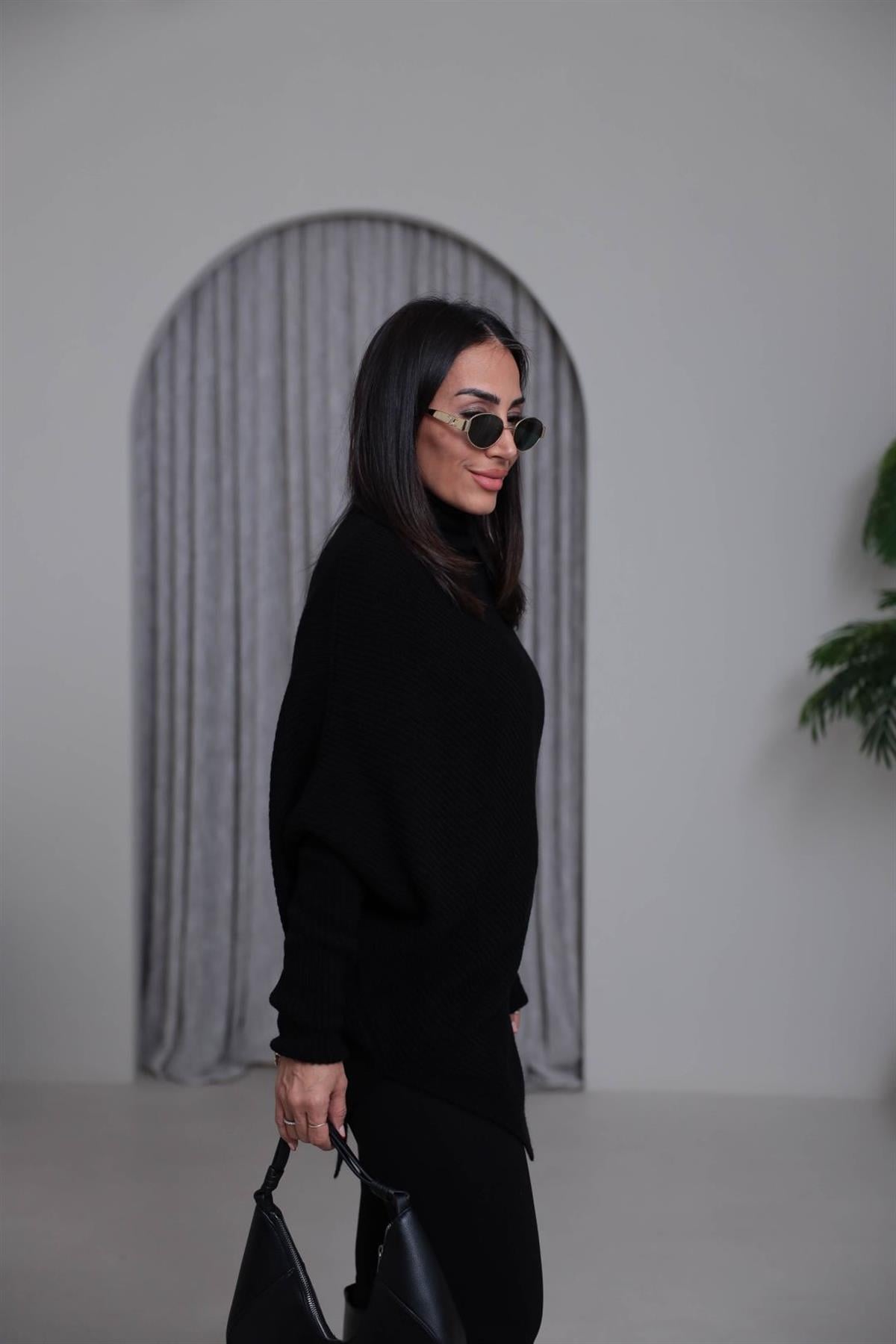 2574 Balıkçı Yaka Asimetrik Triko Kazak SİYAH