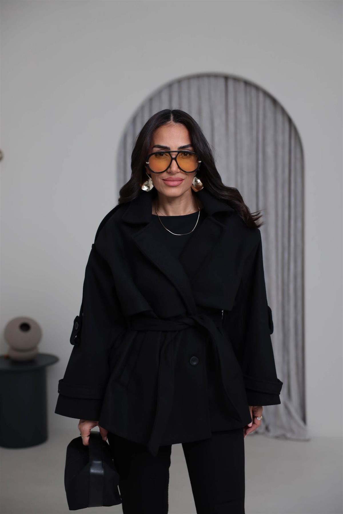 9669 Kuşaklı Oversize Premium Kaşe Ceket SİYAH