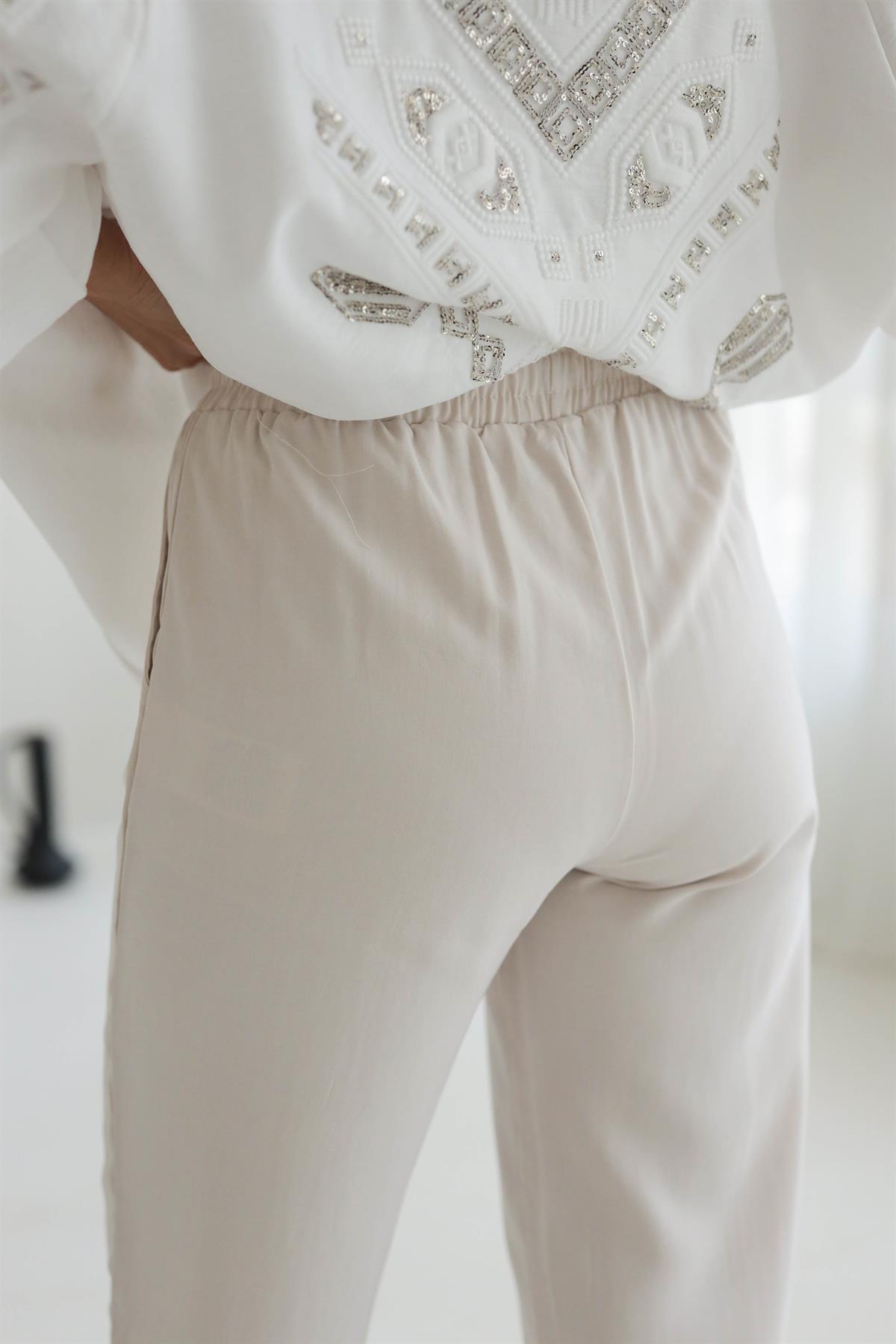 Tencel Kumaş Bel Lastikli Önü Çimalı Pantolon