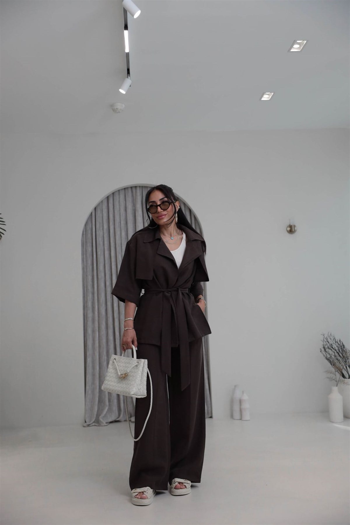 7309 Tencel Kumaş Yarım Kol Gömlek Pantolon Takım KAHVE