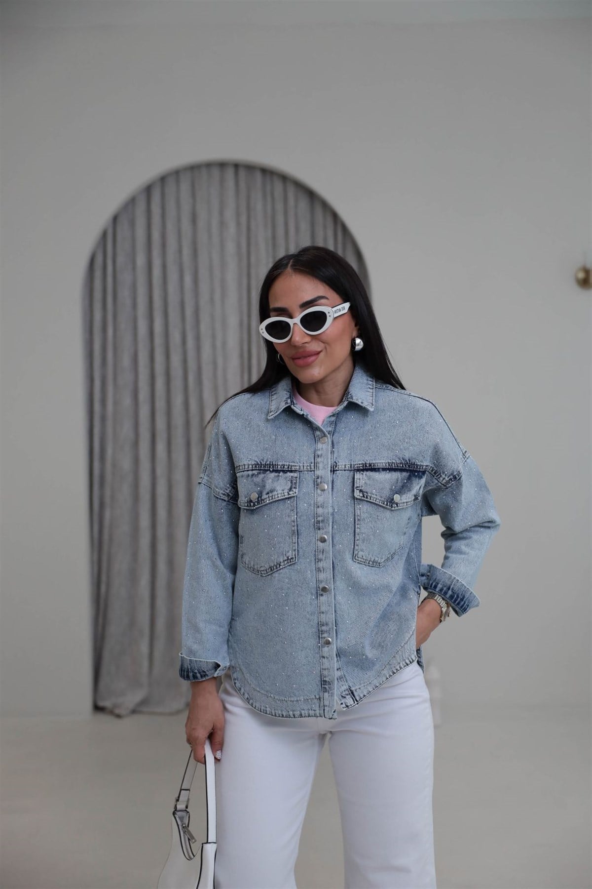 3406 Yıkamalı Serpme Taşlı Gömlek Ceket AÇIK MAVİ