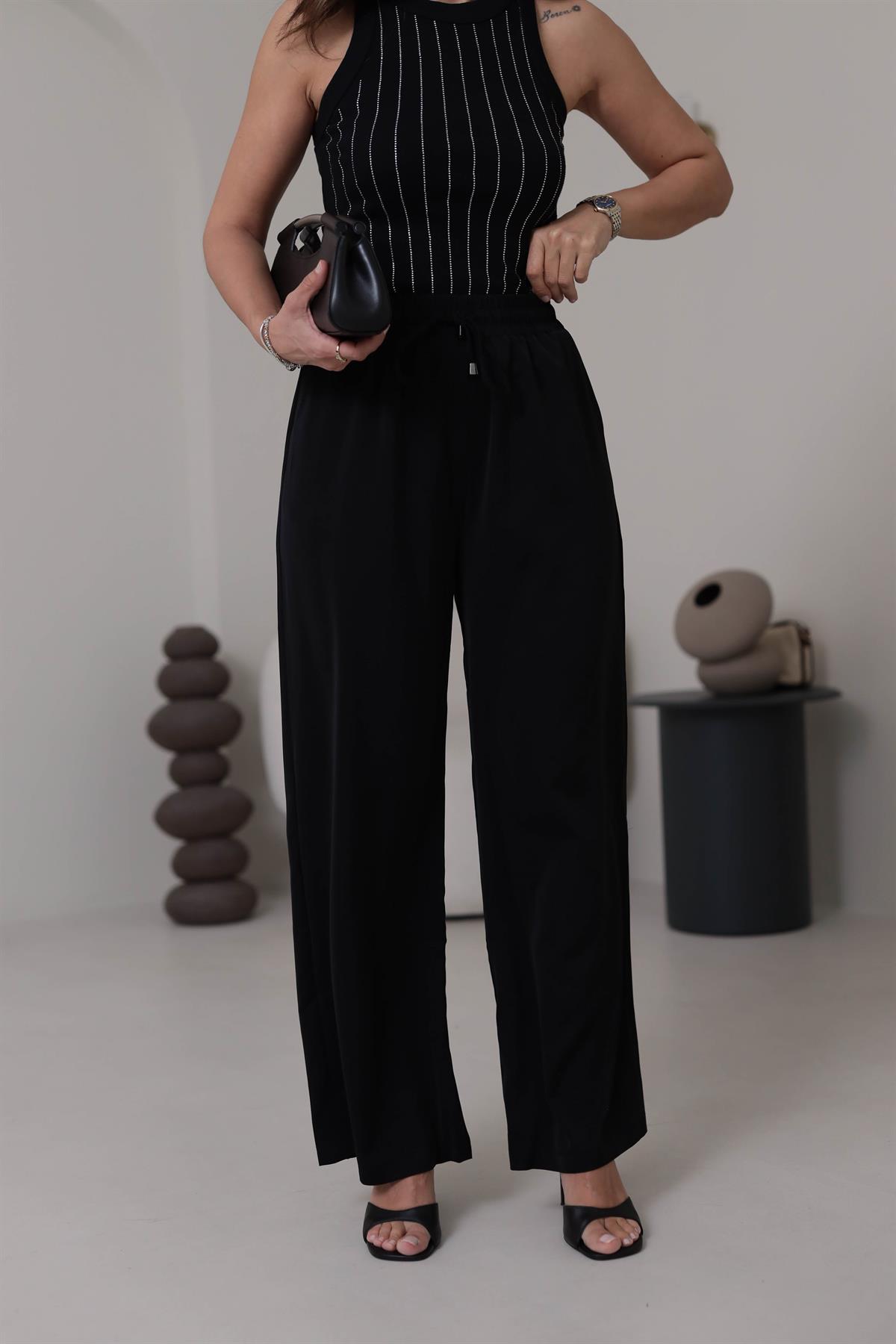 0858 Bel Lastikli Döküm Palazzo Pantolon SİYAH