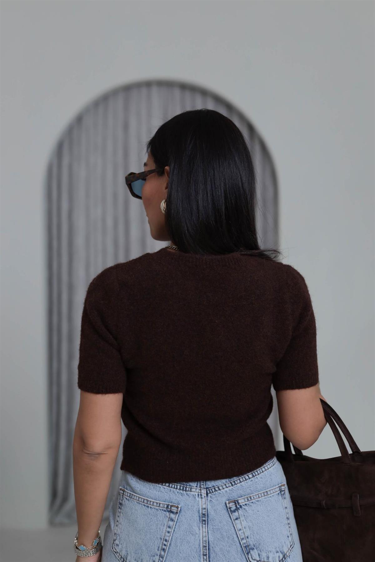 0651 Bisiklet Yaka Yumuşak Dokulu Kısa Kol Triko Kazak KAHVE