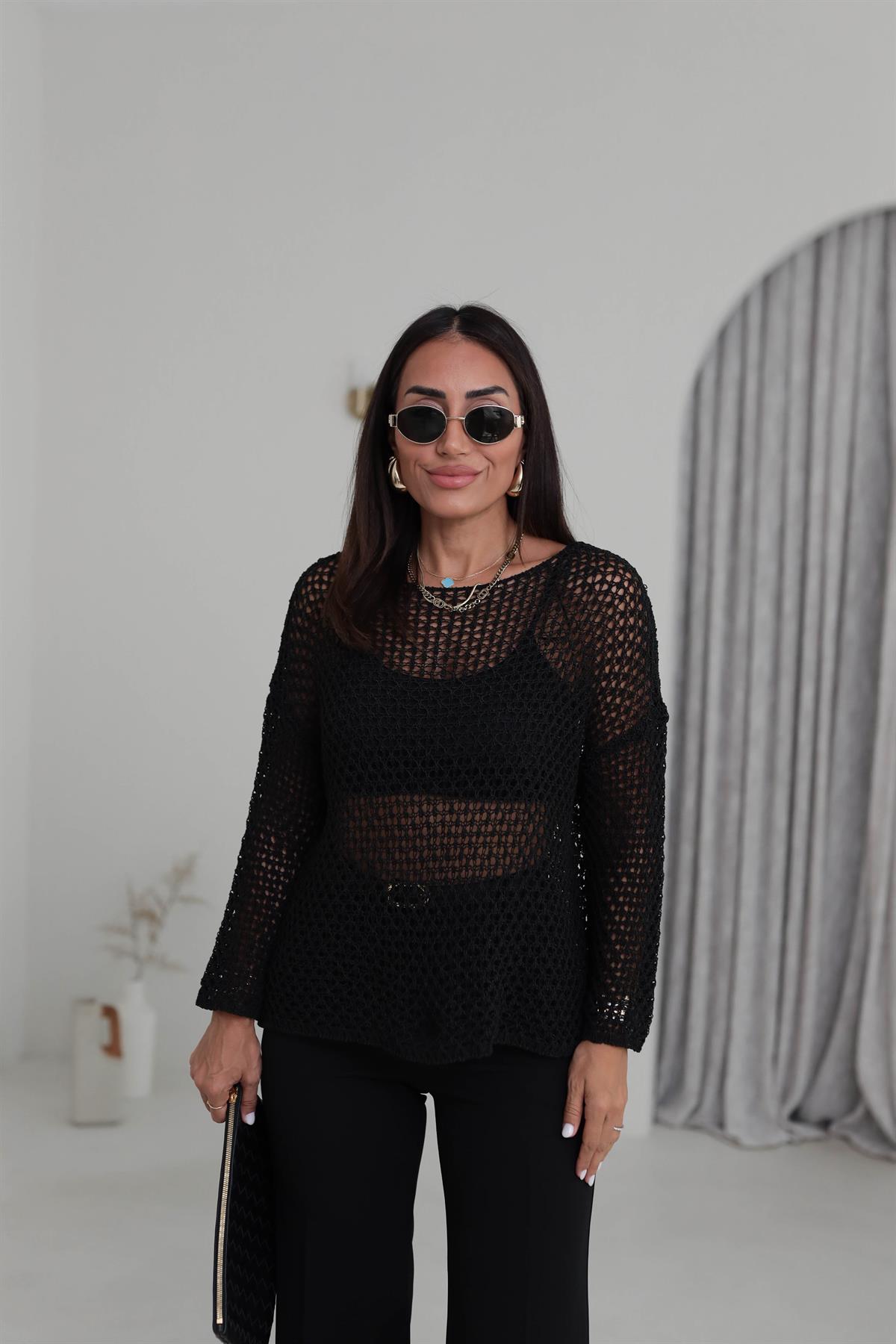 0807 Kayık Yaka Ajurlu Triko Kazak SİYAH