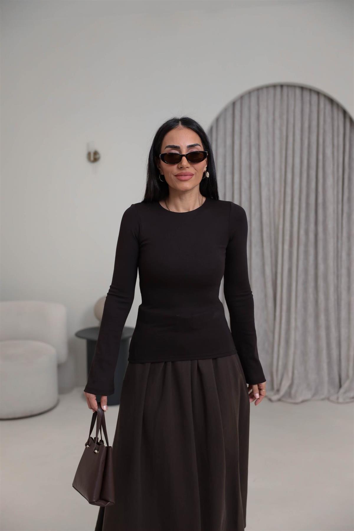 2284 Modal Penye İspanyol Kol Bluz KOYU KAHVE