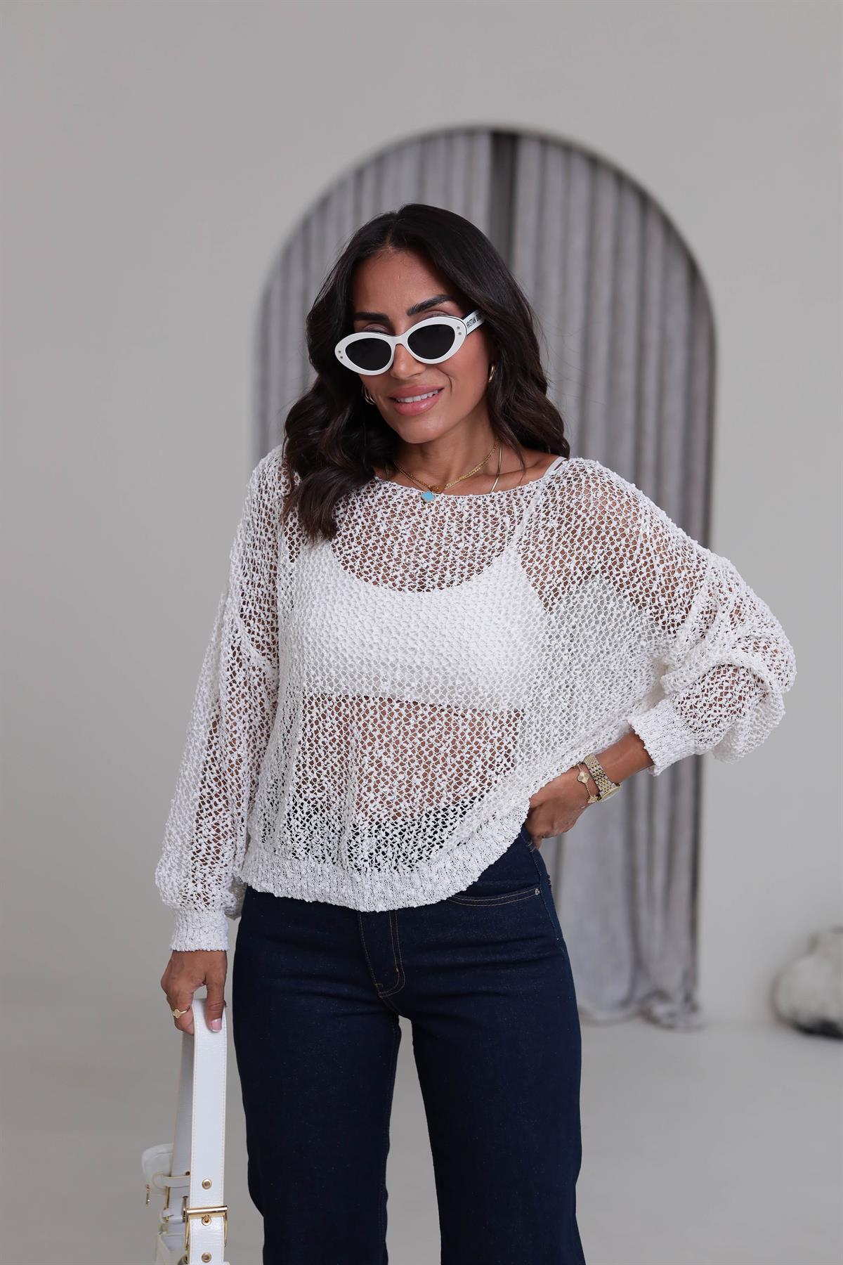 4412 Havuz Yaka Ajurlu Triko EKRU