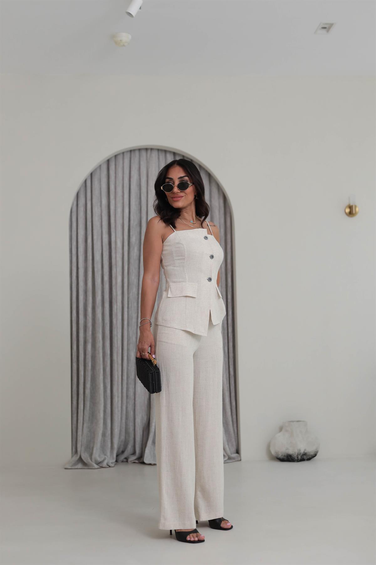 0288 Askıları Ayarlanabilir Tencel Keten Yelek & Pantolon Takım NATURAL