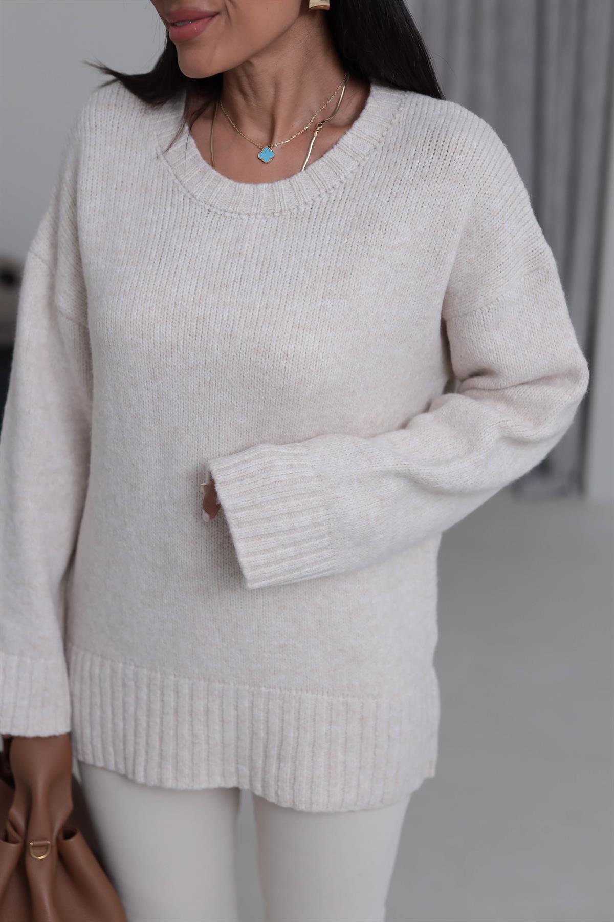 0100 Bisiklet Yaka Oversize Düz Kazak TAŞ