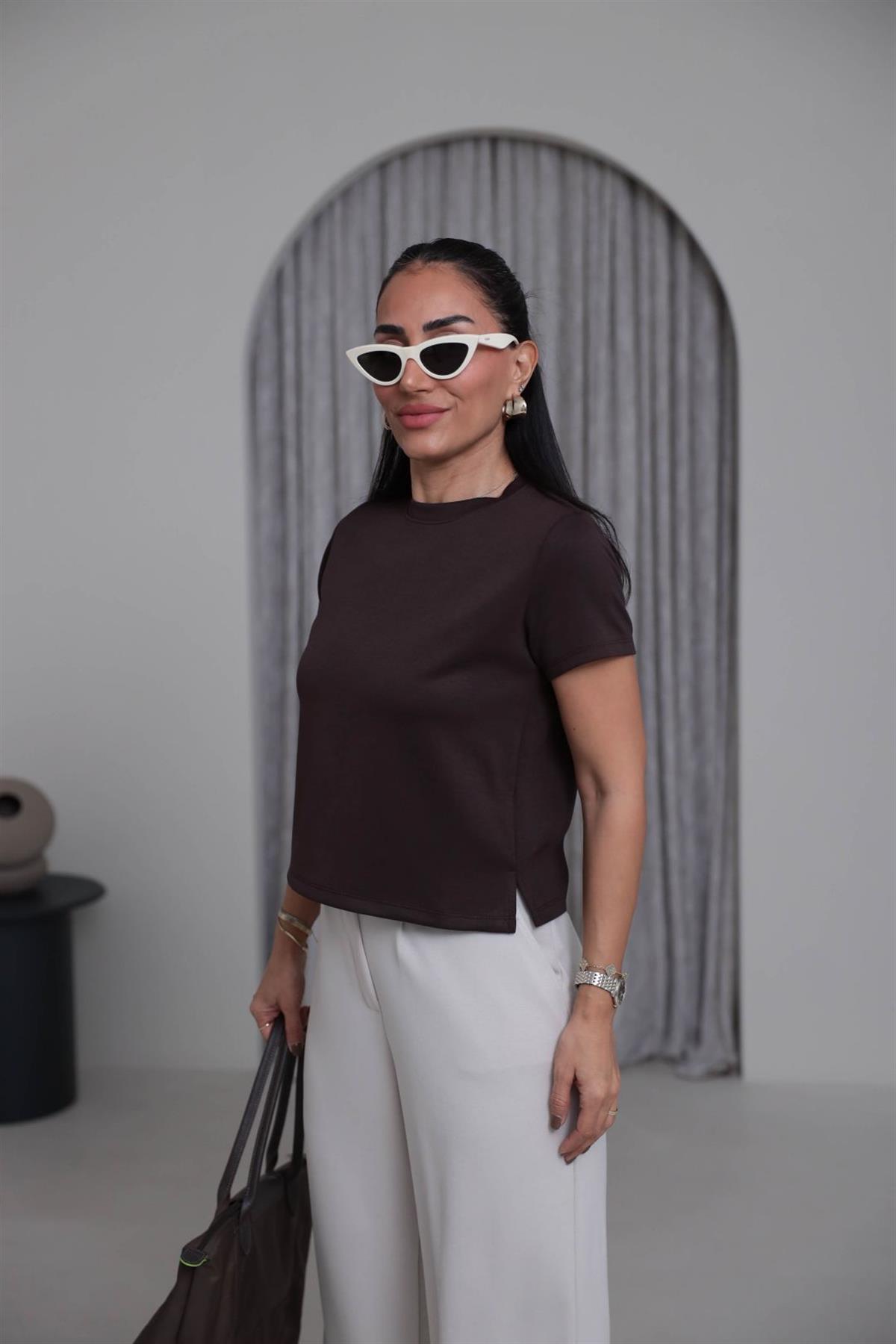 1120 Bisiklet Yaka Kısa Modal Tshirt ACI KAHVE