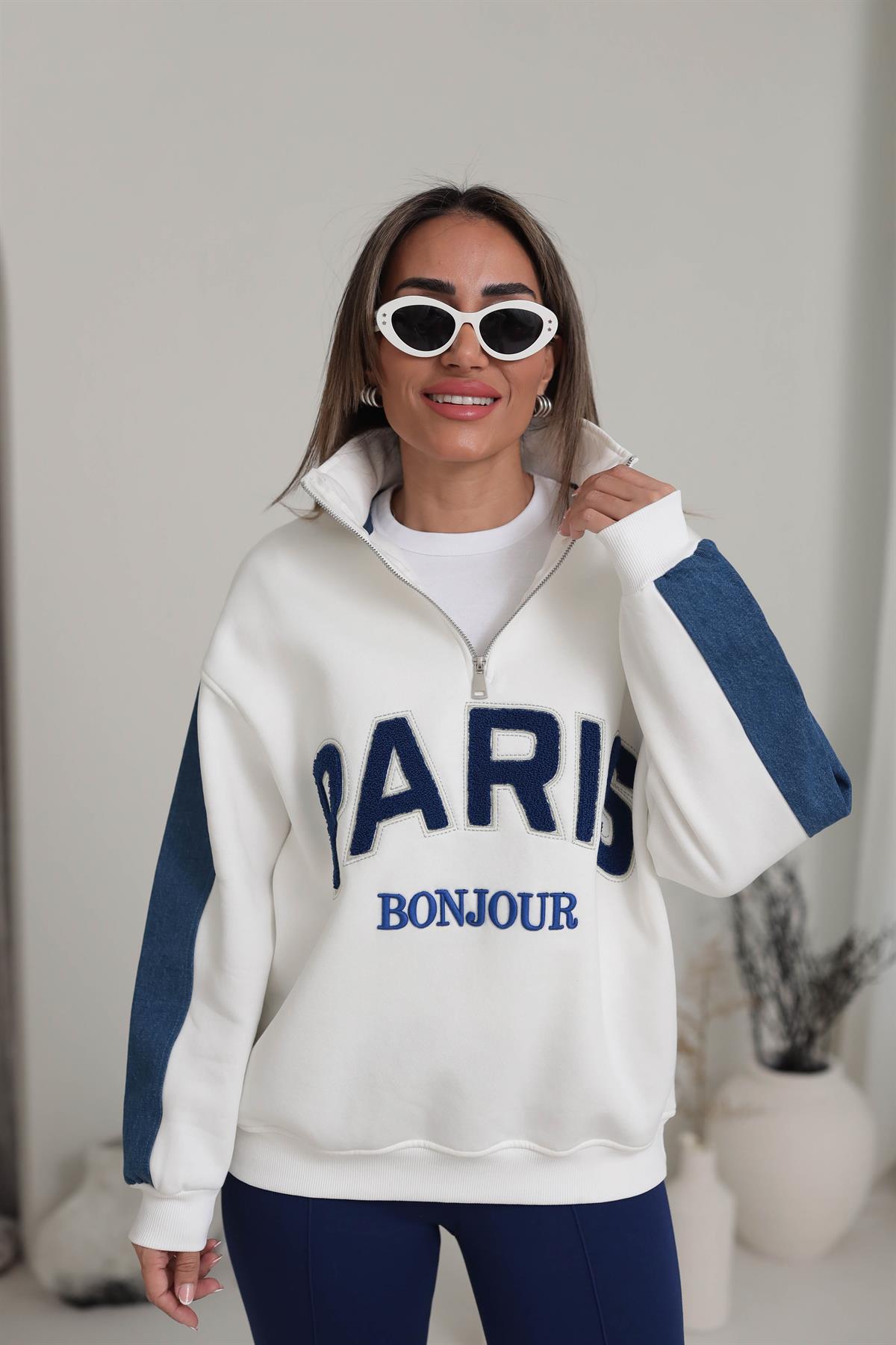5642 Paris Denim Detay Şardonlu Sweatshirt EKRU