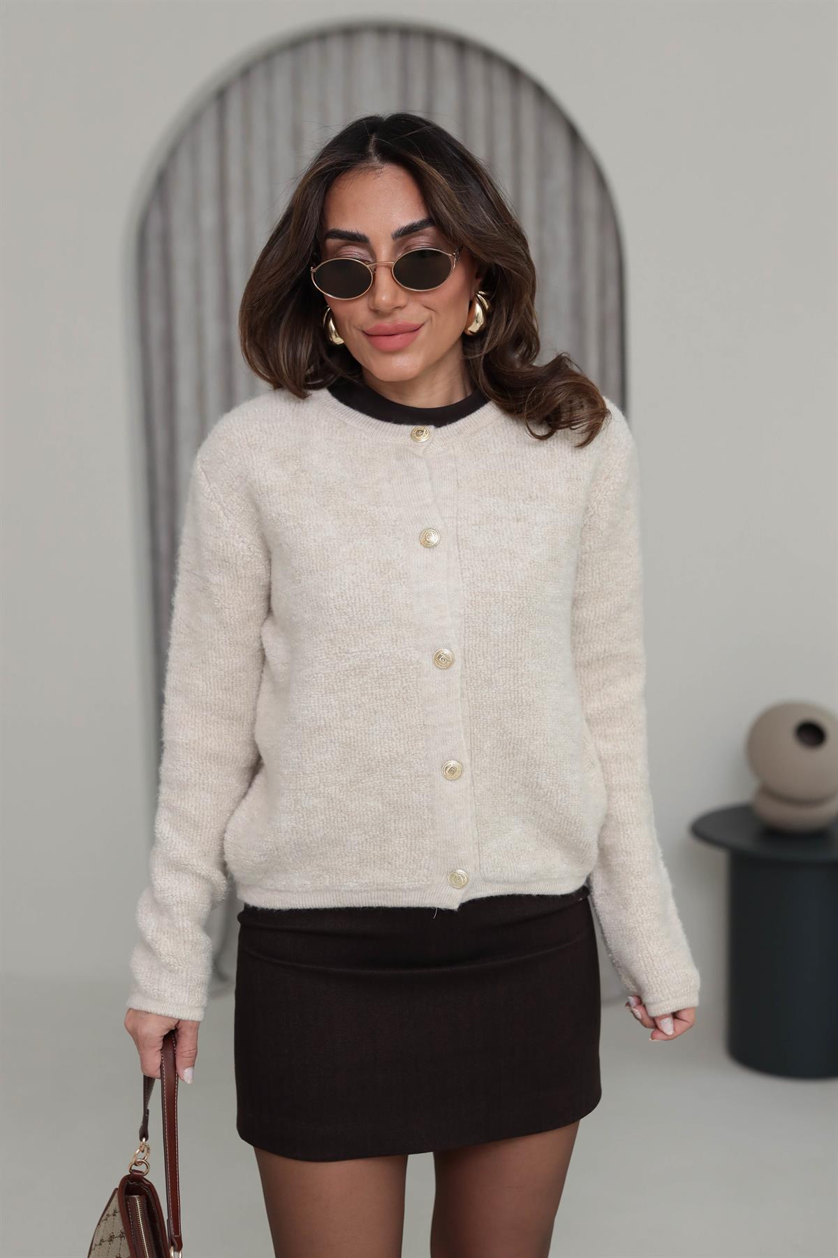 371 Gold Düğmeli Teddy Hırka TAŞ