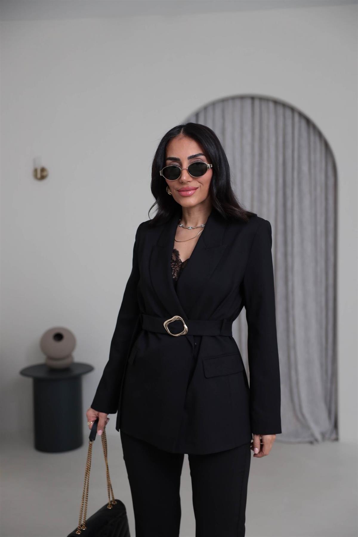 0310 Kemerli Ceketli Pantolon Takım SİYAH