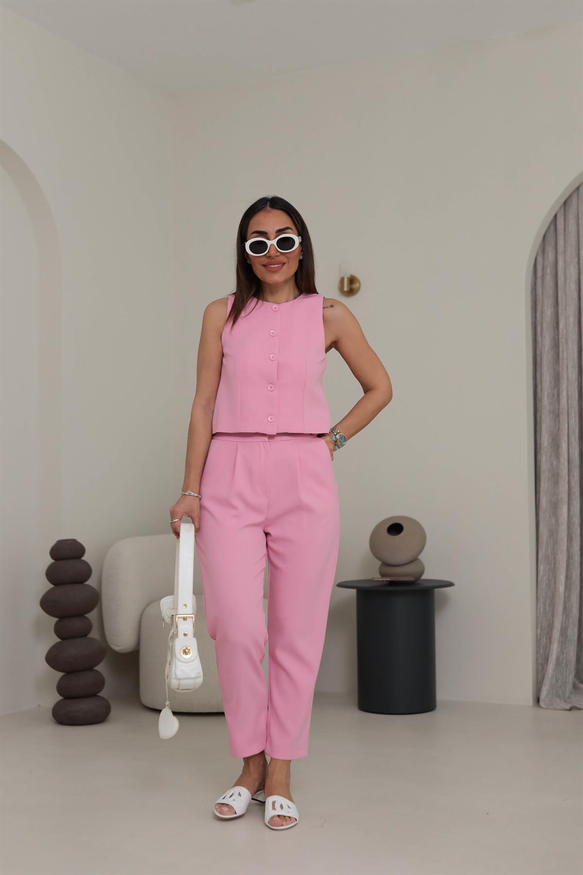 1154 Pensli Bel Lastikli Havuç Pantolon PEMBE