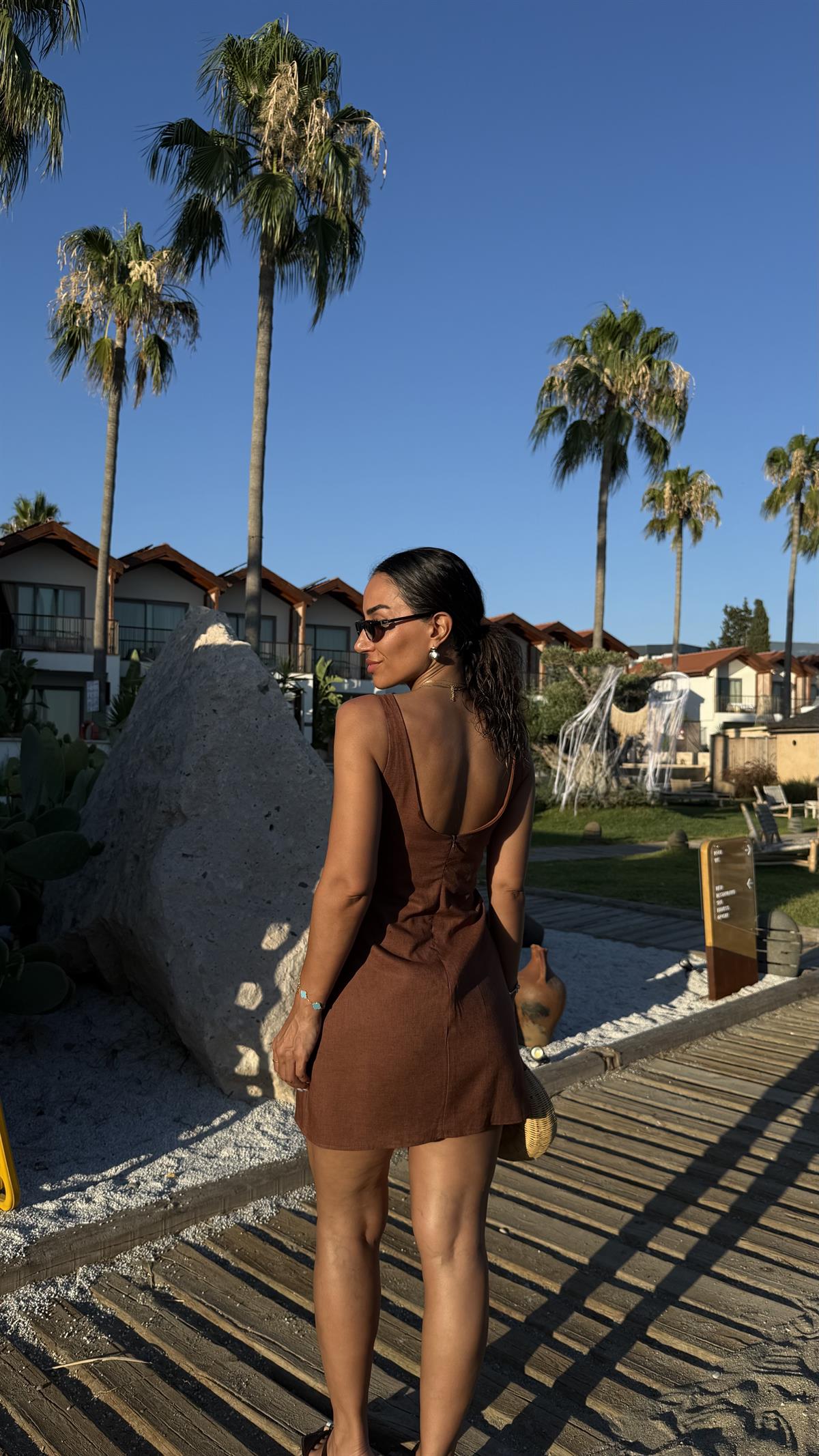 4140 Halter Yaka Astarlı Keten Mini Elbise KAHVE