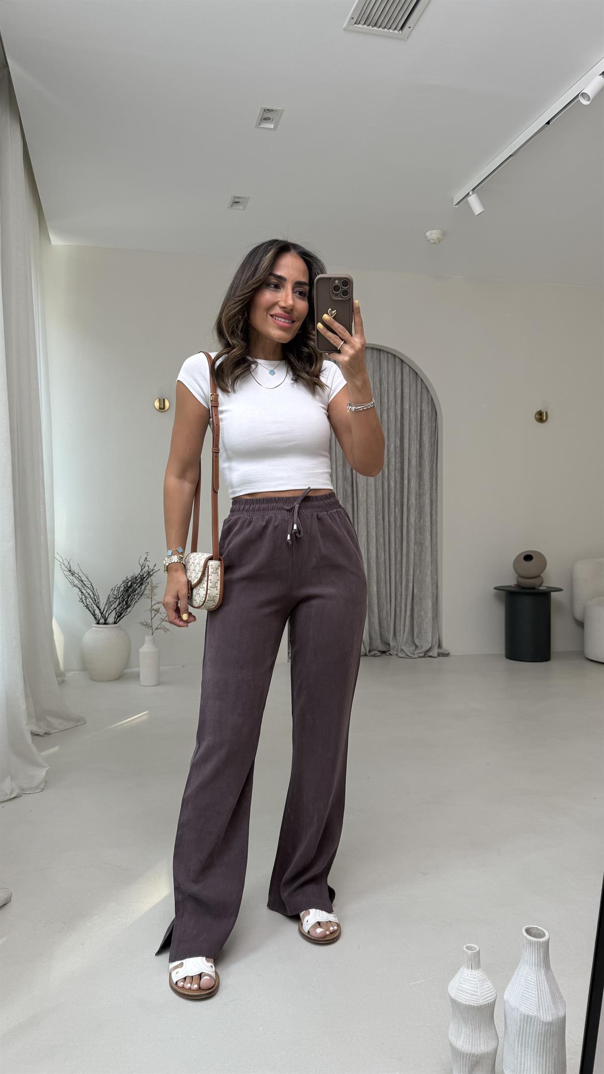 Paça Yırtmaçlı Bel Lastikli Tencel Pantolon KAHVE