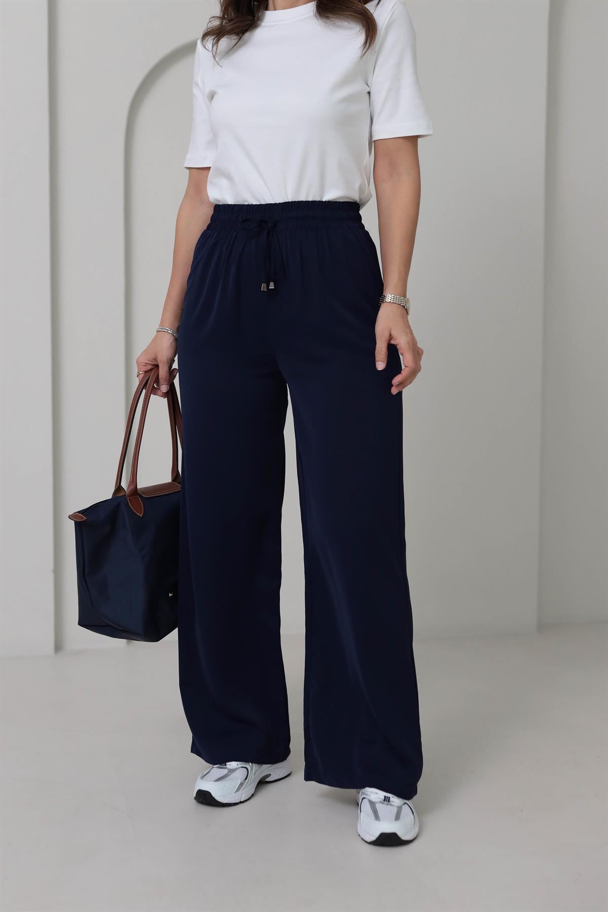 0858 Bel Lastikli Döküm Palazzo Pantolon LACİVERT