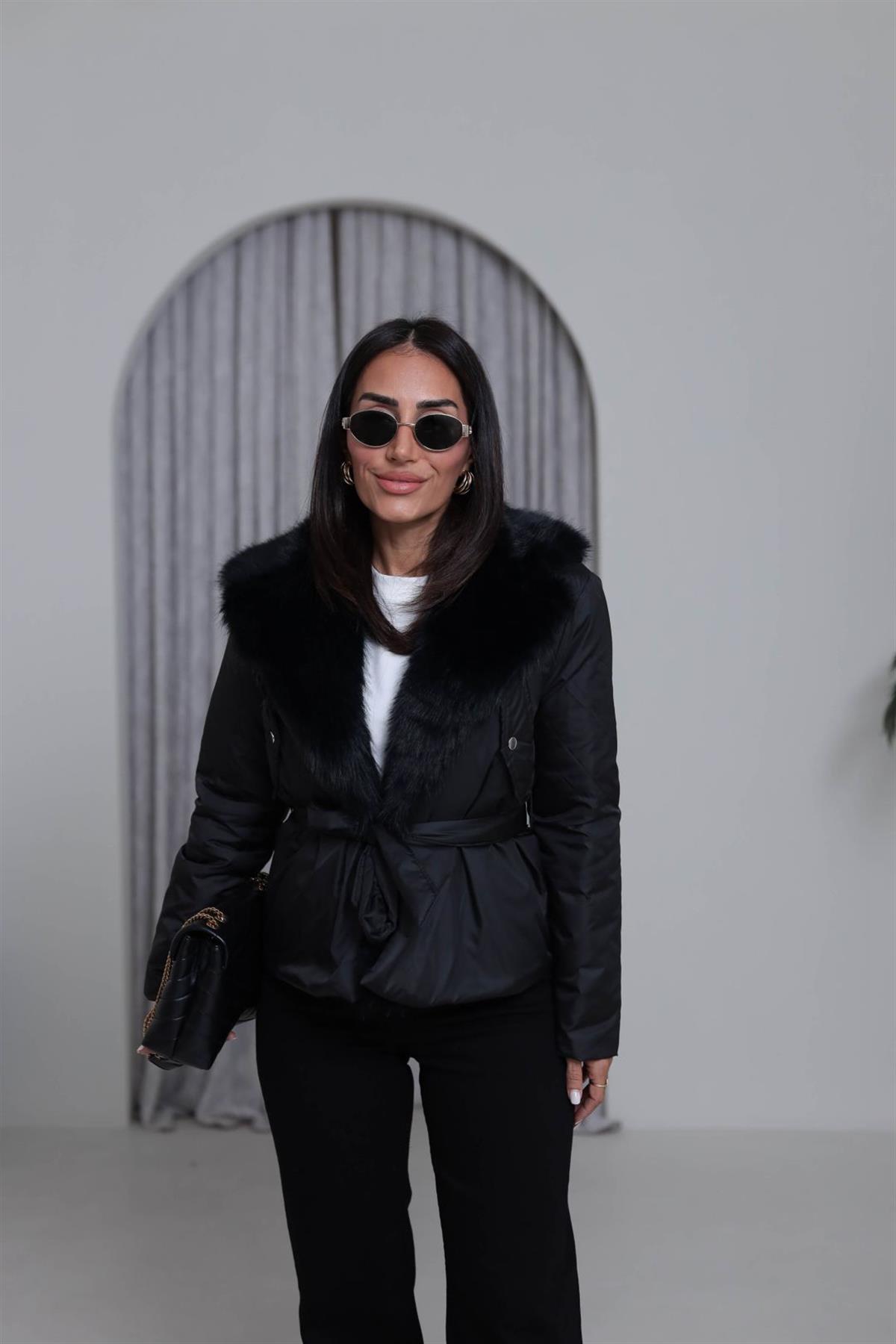 5885 Kürk Yakalı Kuşaklı Şişme Mont SİYAH