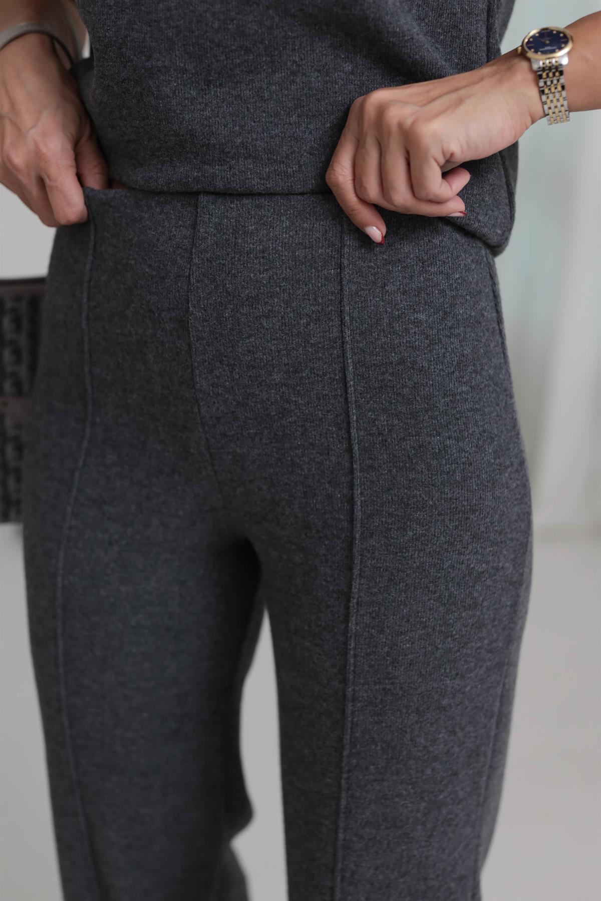 1819 Önü Çimalı Örme Kumaş Rahat Pantolon ANTRASİT