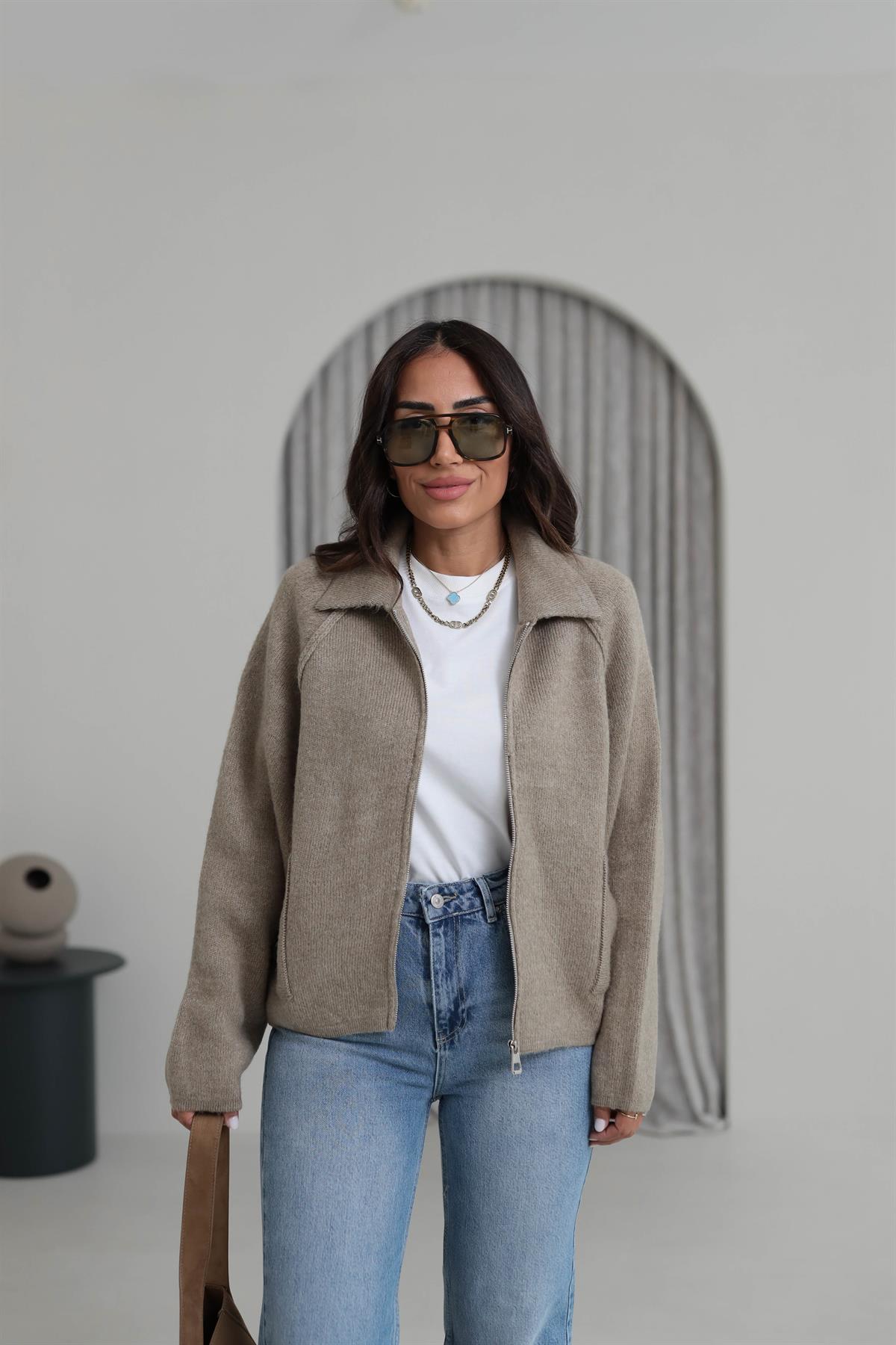 4904 Fermuar Detaylı Reglan Kol Triko Hırka VİZON