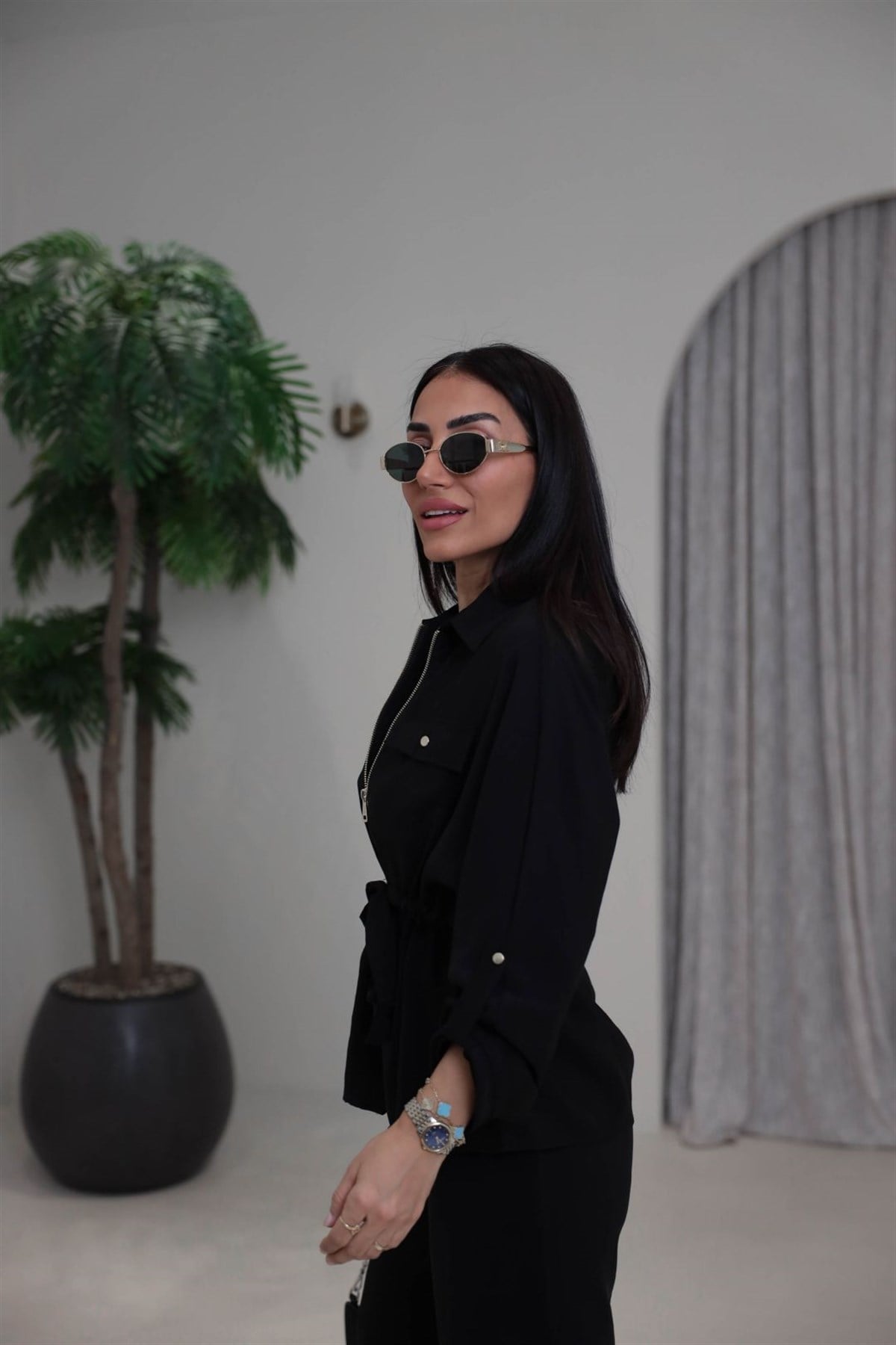 1003 Cep Kapaklı Fermuarlı Bel Büzgülü Modal Tencel Takım SİYAH