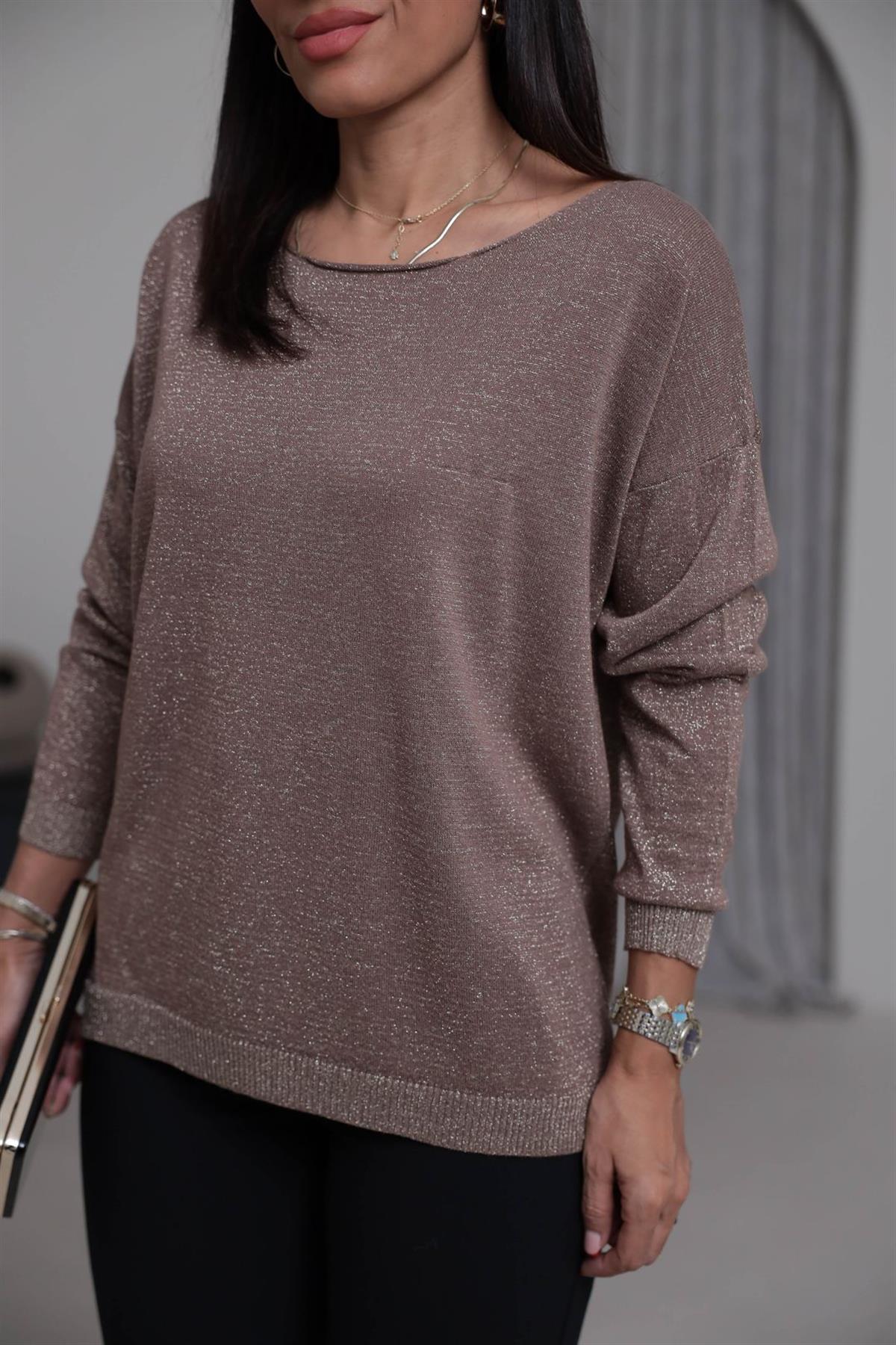 Kayık Yaka Simli Bluz GOLD