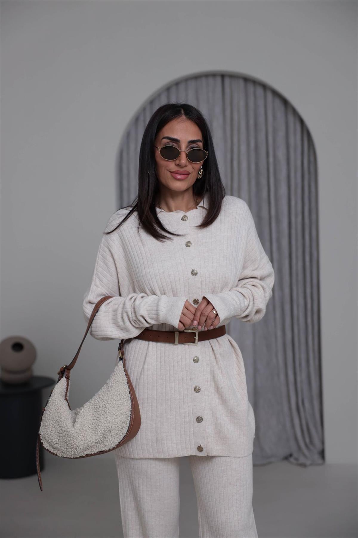 0017 Polo Yaka Düğmeli Triko Takım KREM