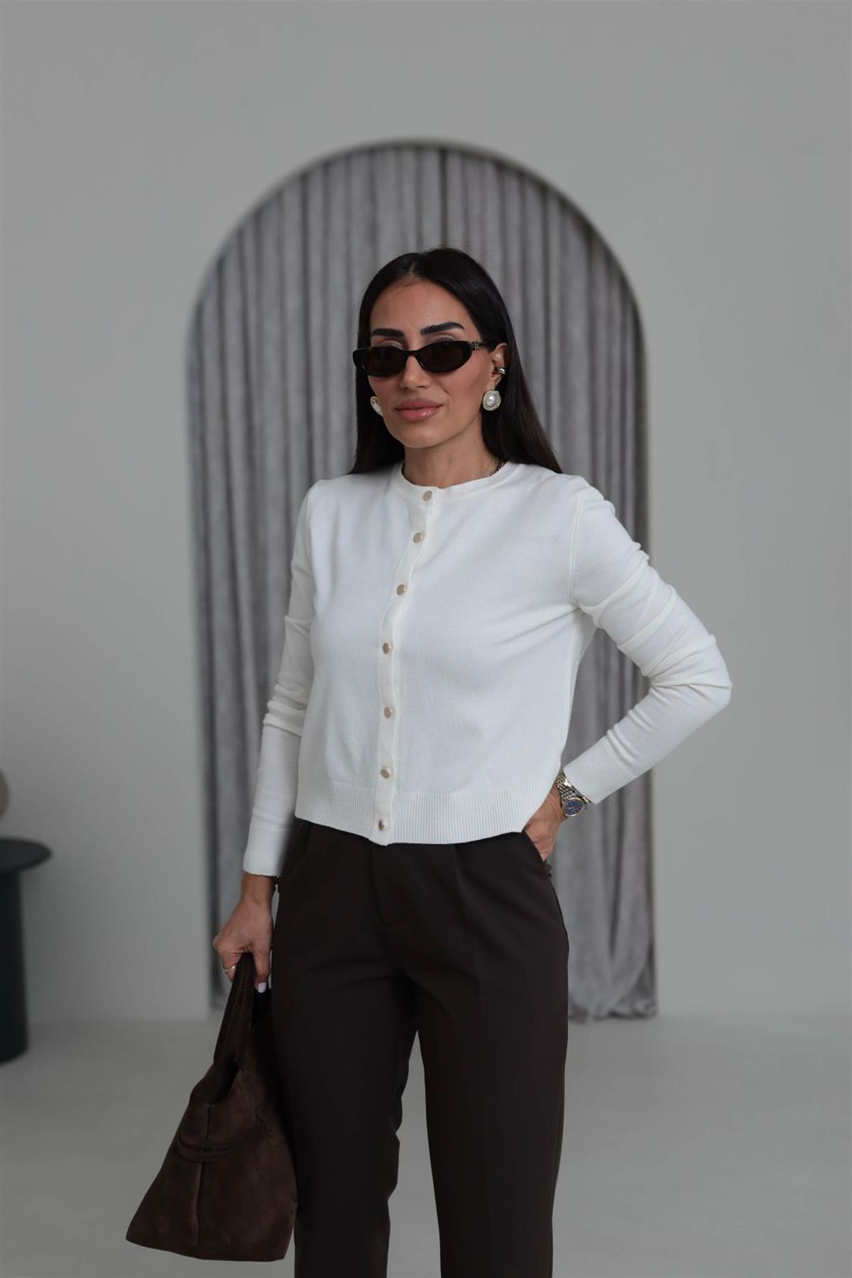 587 Gold Düğme Detaylı İnce Triko Hırka EKRU