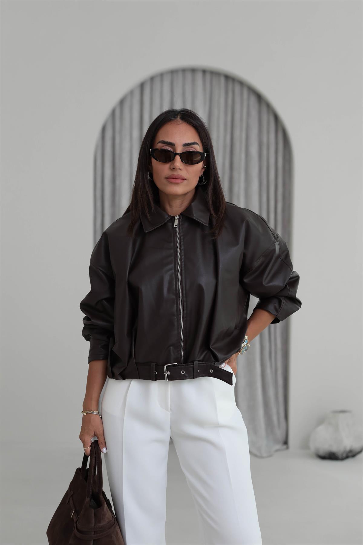 3137 Kemer Detaylı Fermuarlı Deri Ceket ACI KAHVE