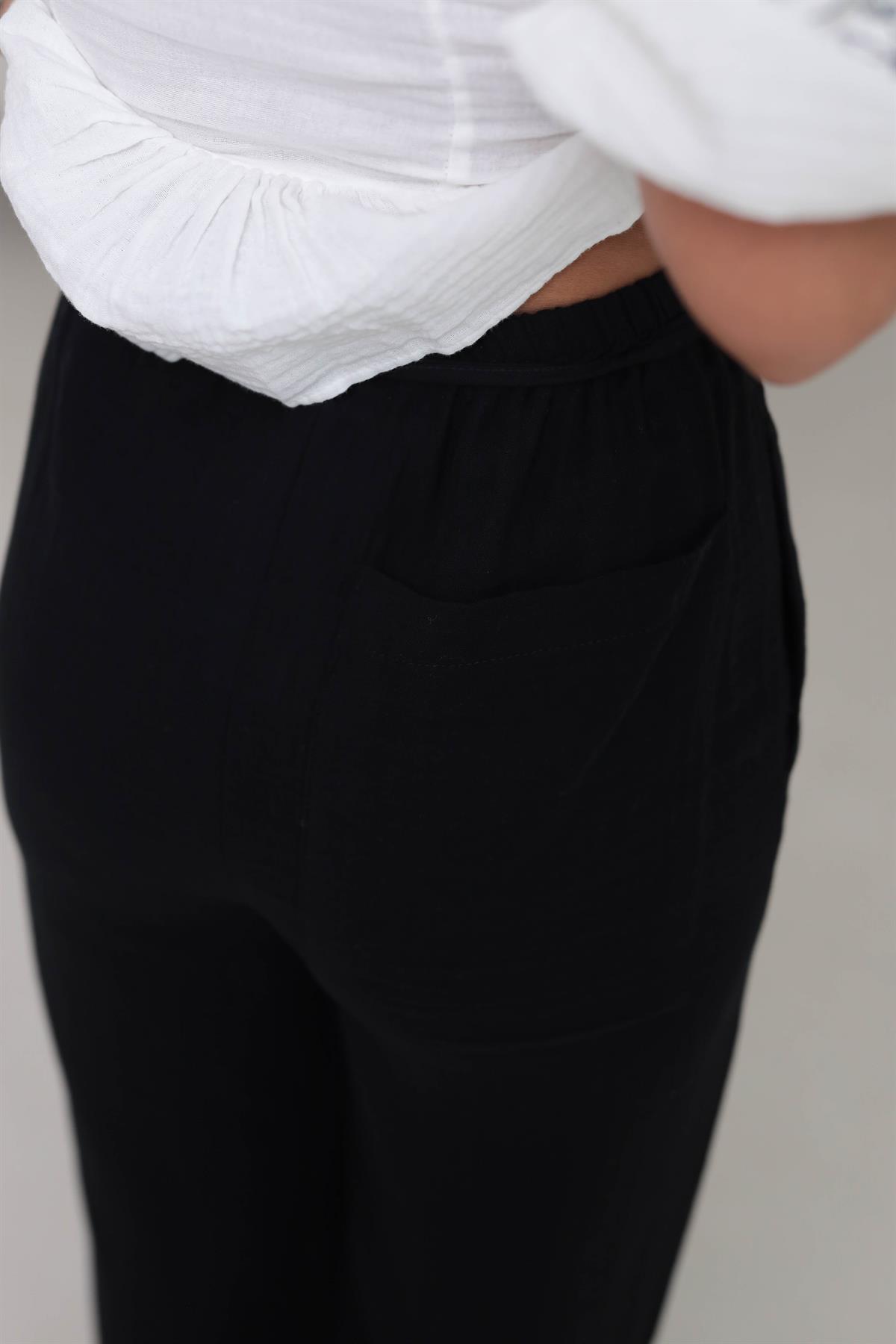 8028 Paça Yırtmaçlı Müslin Pantolon SİYAH