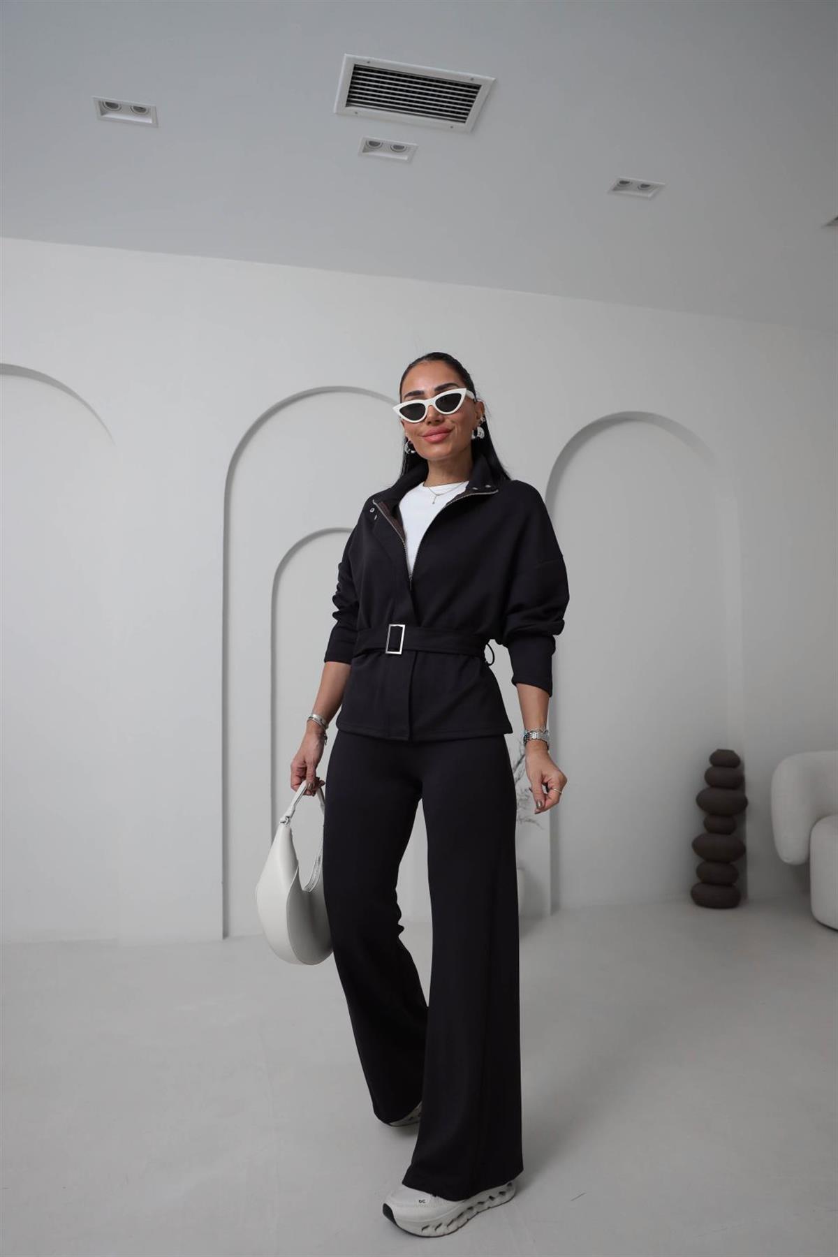 8616 Fermuarlı Kuşaklı Çıtçıt Detaylı Modal Takım ACI KAHVE