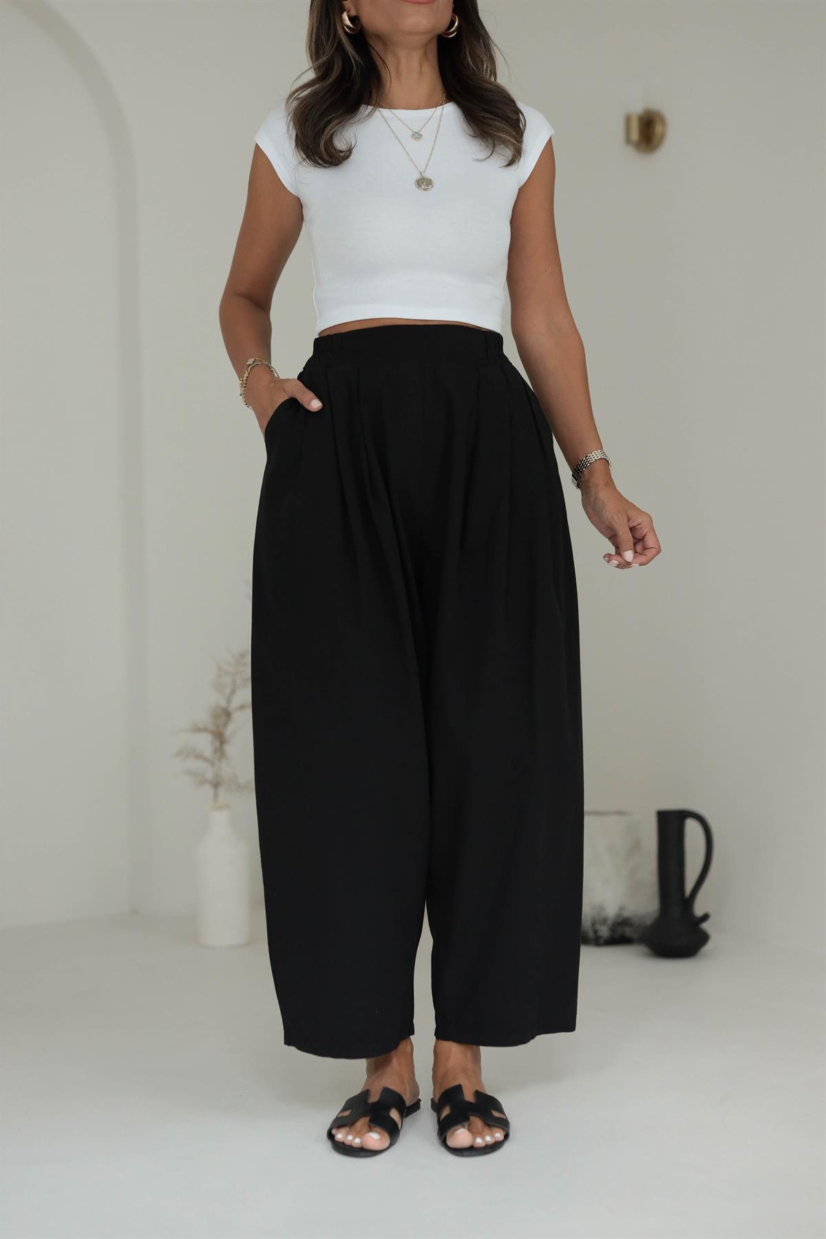 1518 Önden Pileli Salaş Pantalon SİYAH