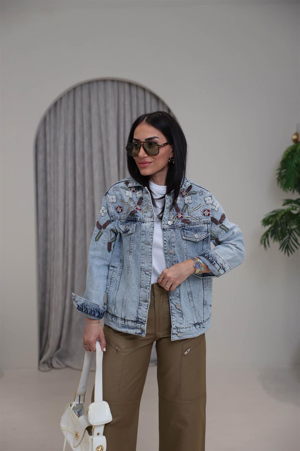 5896 Gömlek Yaka Taşlı İşlemeli Denim Ceket AÇIK MAVİ