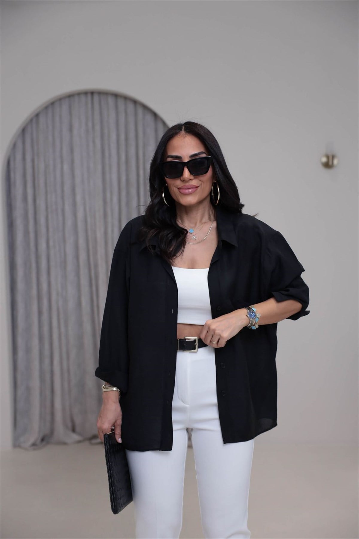 4612Y Tencel Omzu Düşük Oversize Gömlek SİYAH