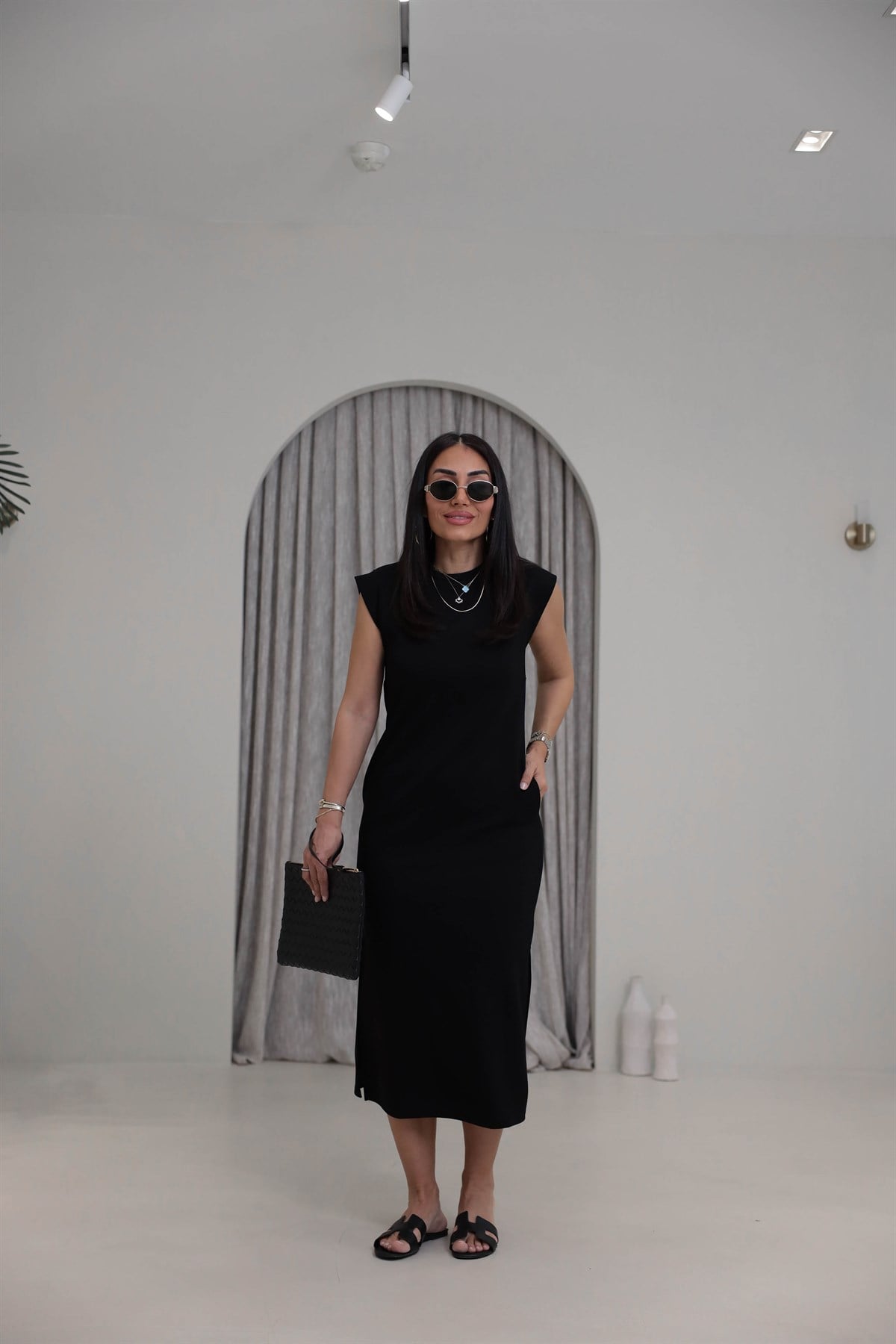 4254 Kol Detaylı Modal Rahat Elbise SİYAH